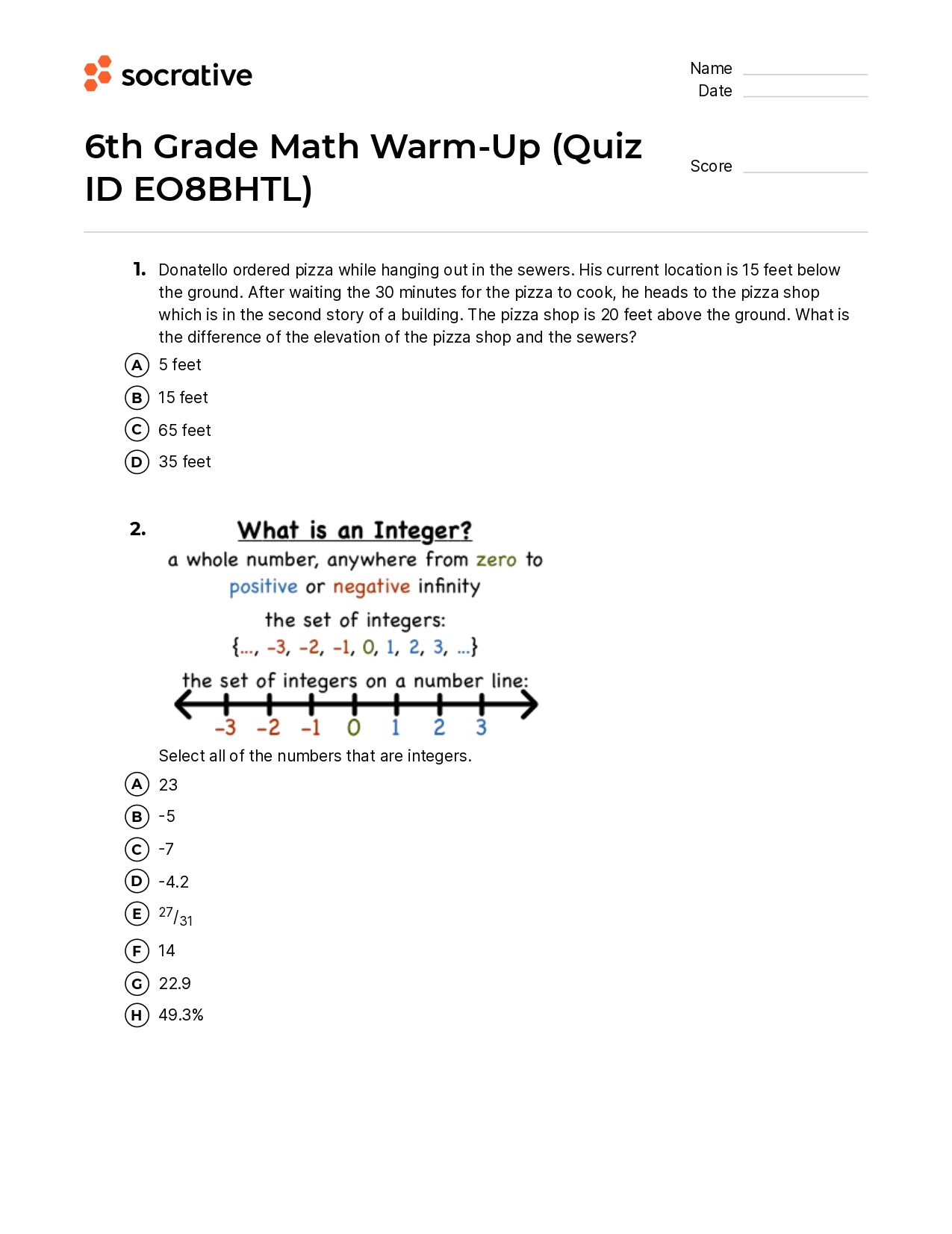 6Th Grade Math Warm-Up