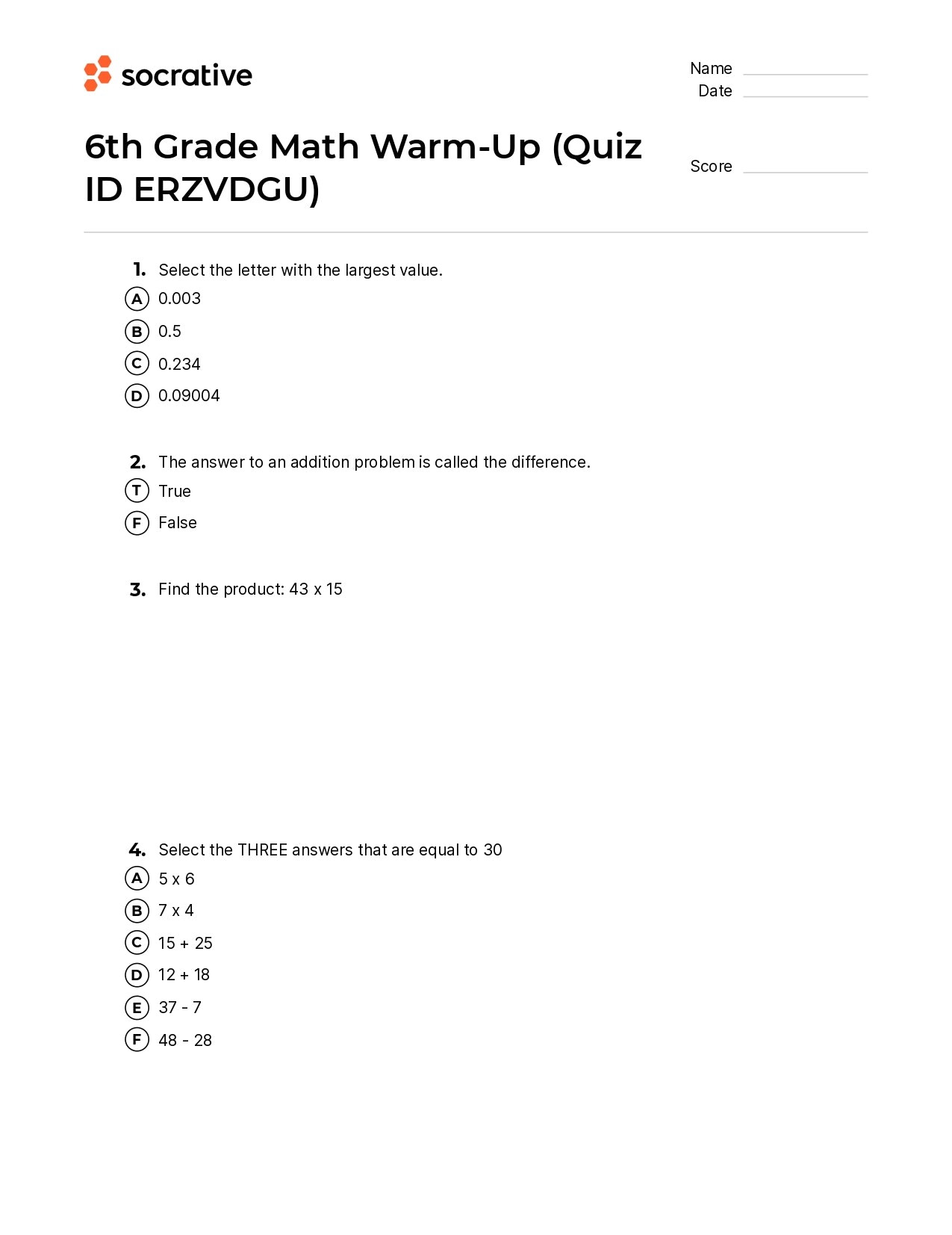 6Th Grade Math Warm-Up