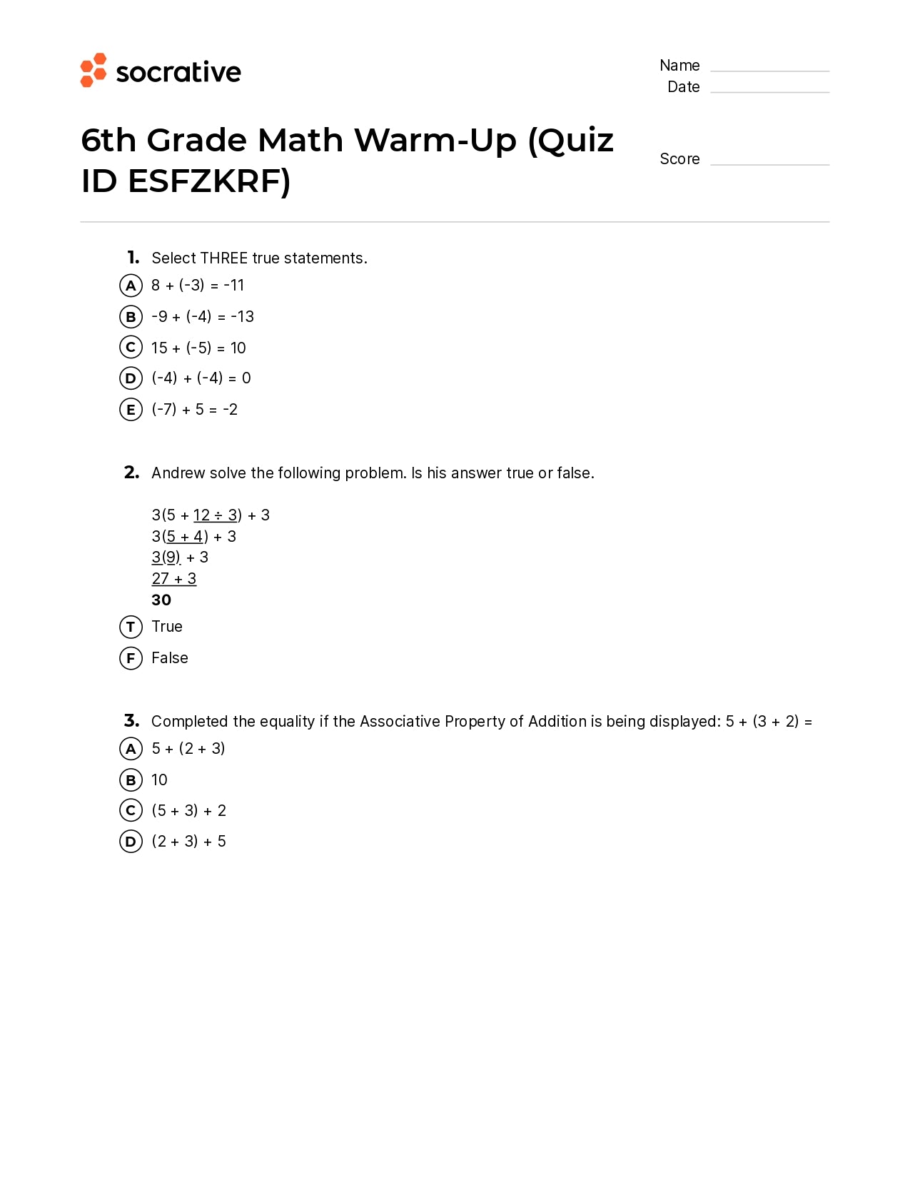 6Th Grade Math Warm-Up