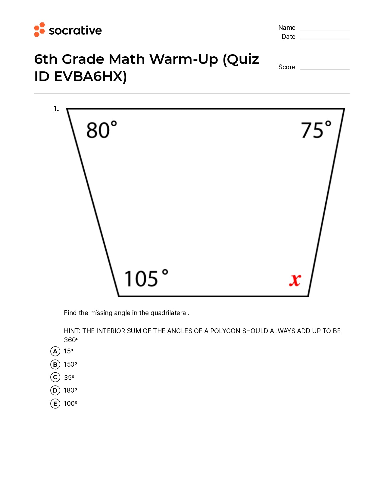6Th Grade Math Warm-Up