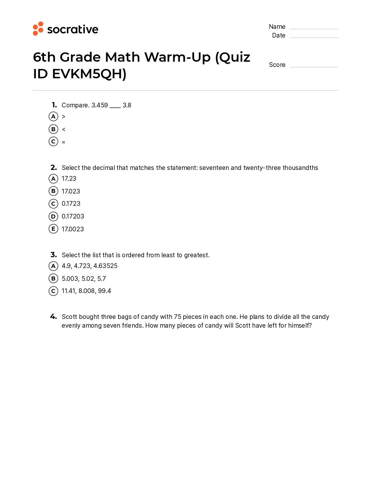 6Th Grade Math Warm-Up
