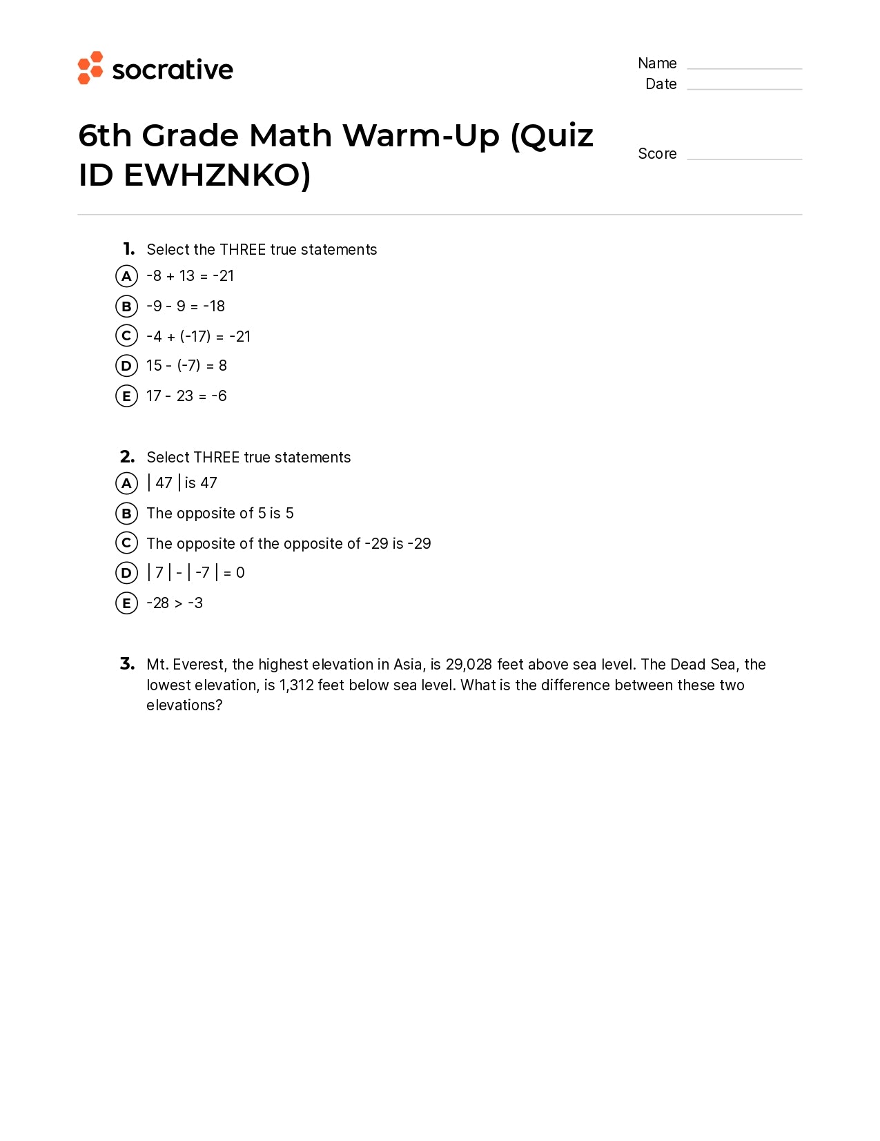 6Th Grade Math Warm-Up