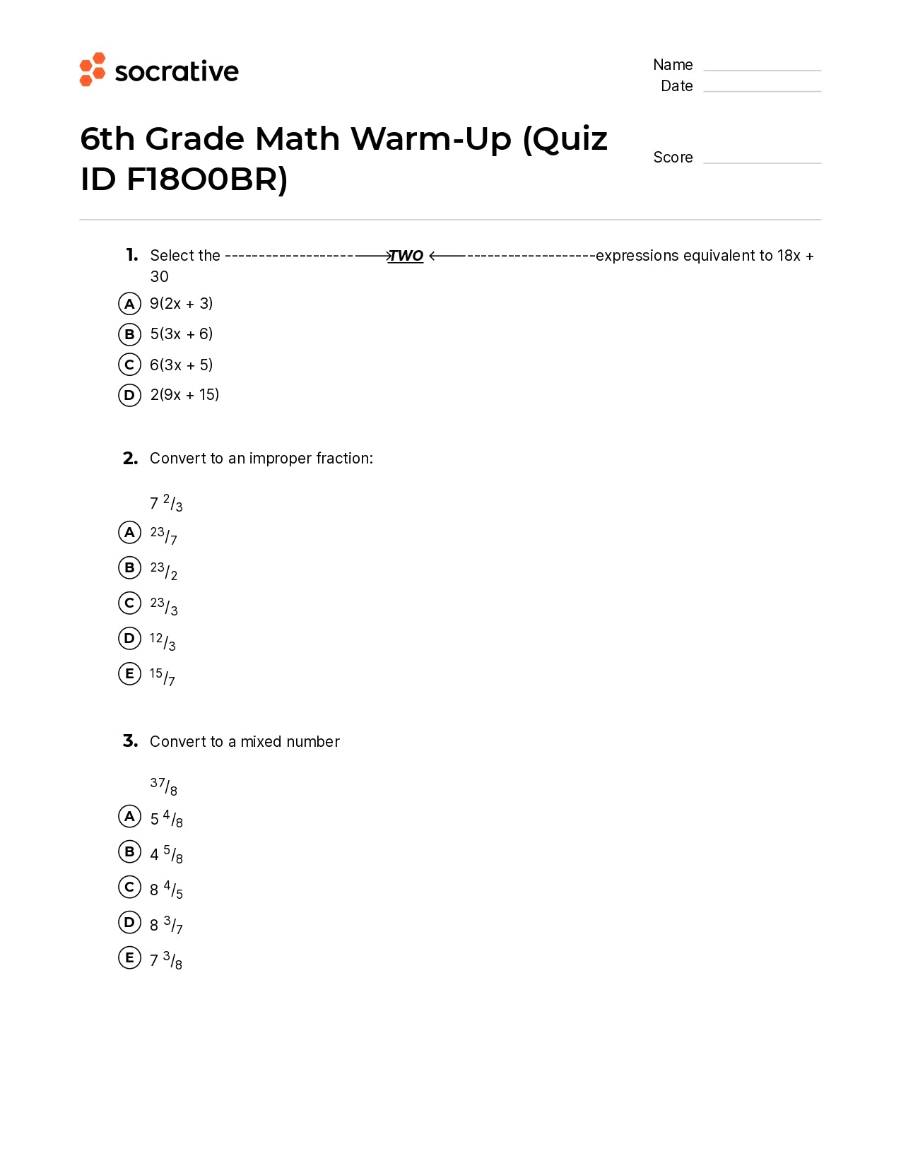 6Th Grade Math Warm-Up