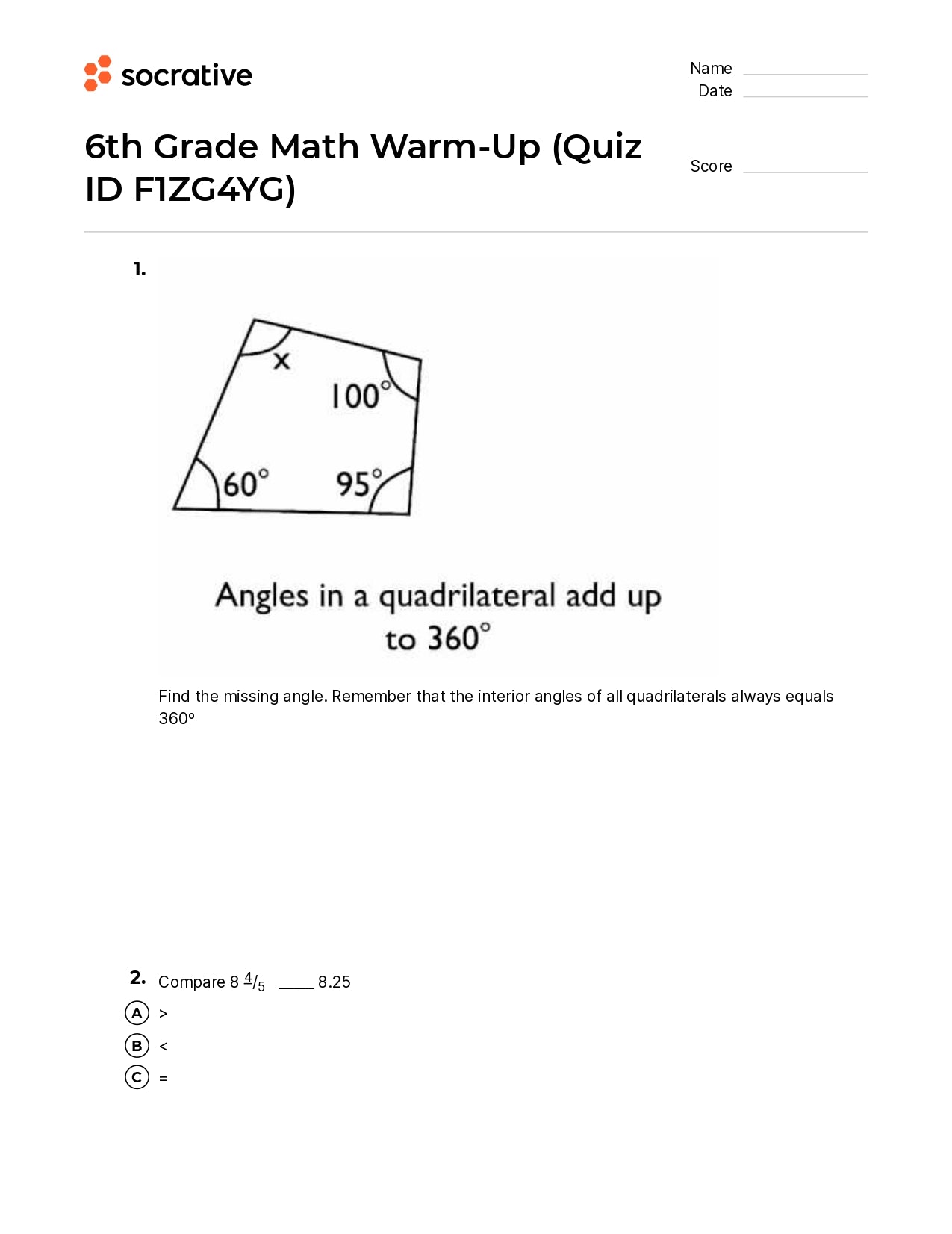 6Th Grade Math Warm-Up
