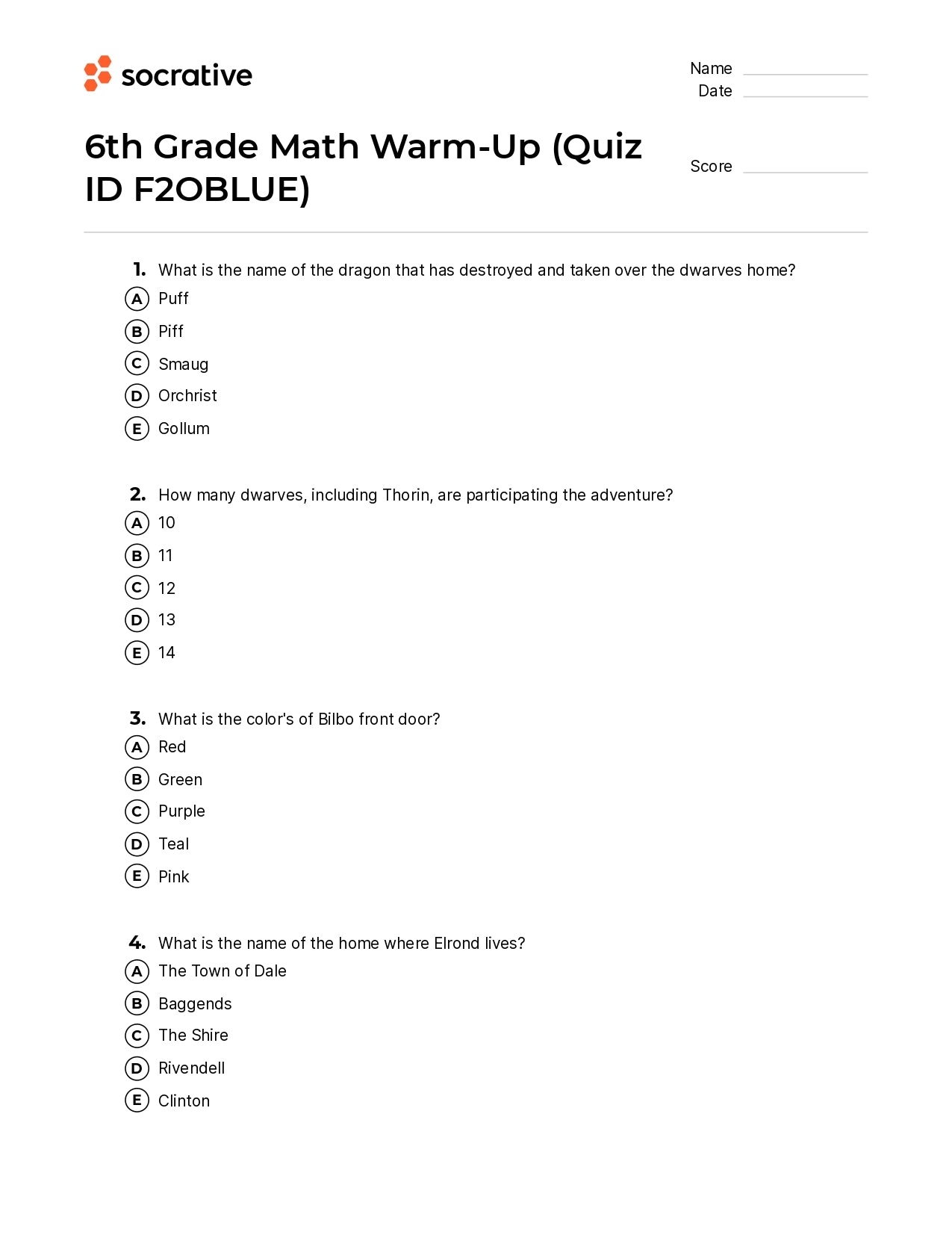 6Th Grade Math Warm-Up
