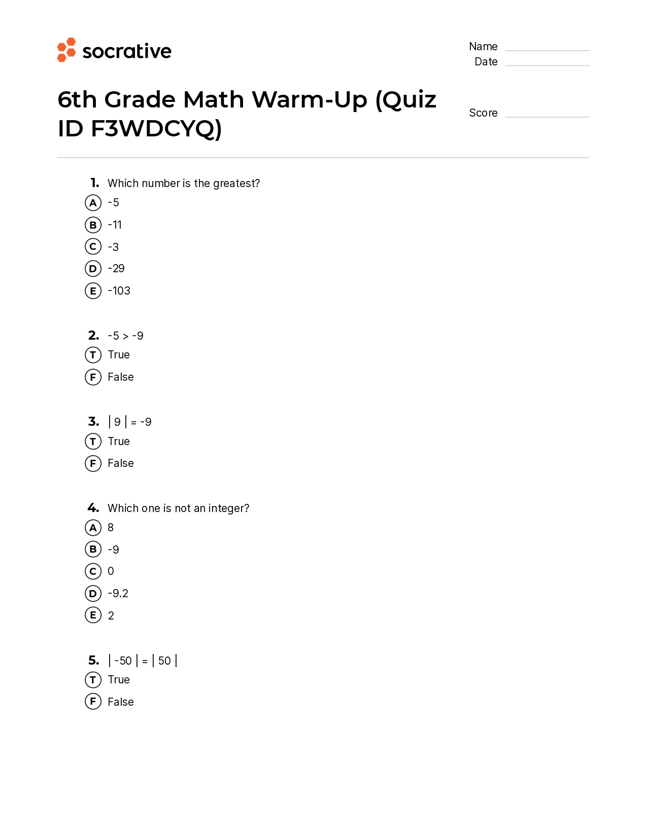 6Th Grade Math Warm-Up