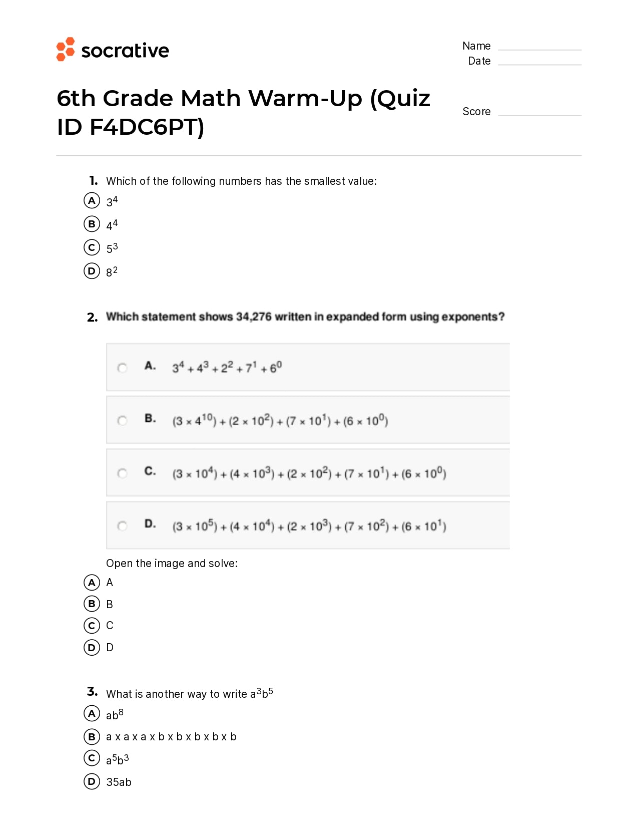 6Th Grade Math Warm-Up