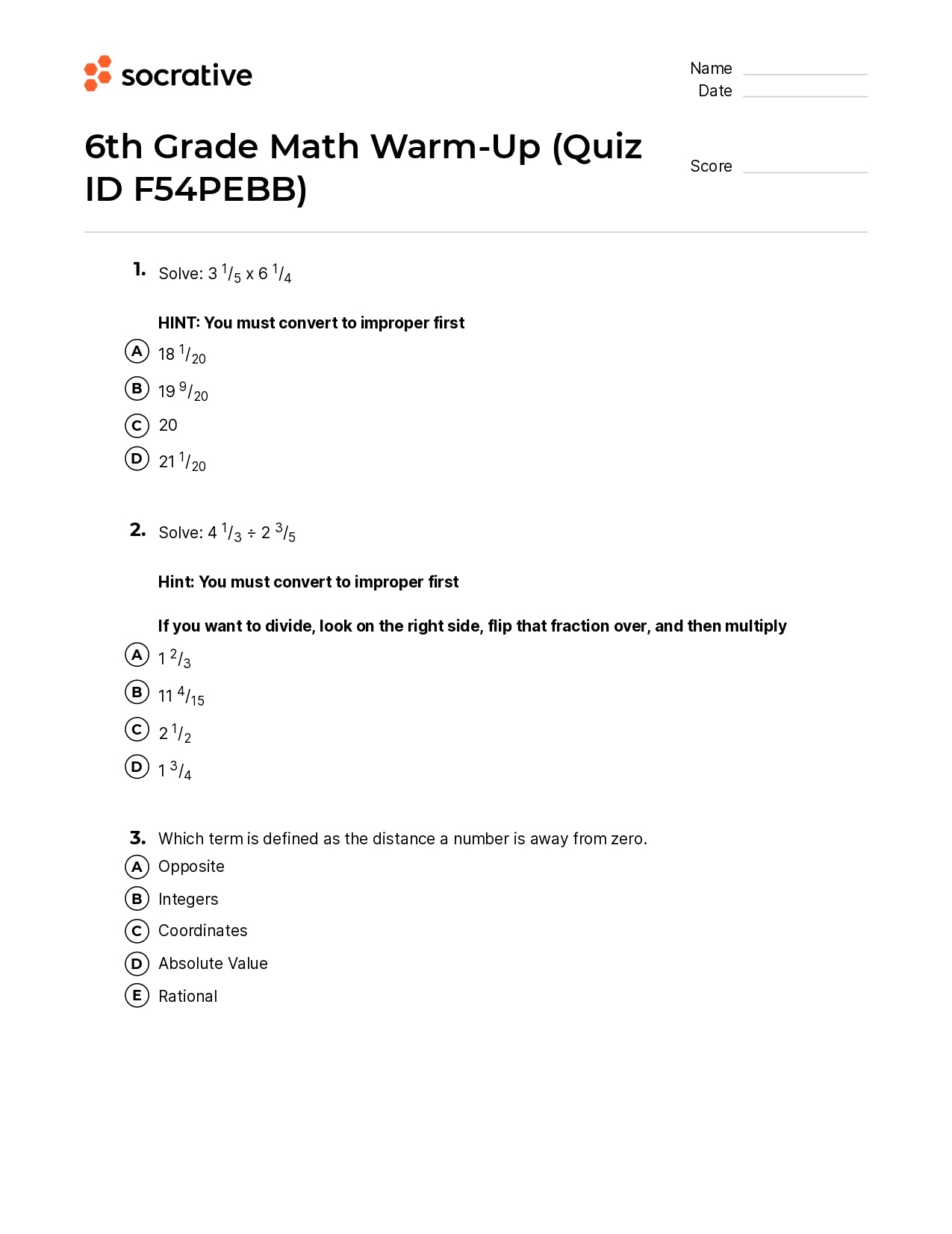 6Th Grade Math Warm-Up