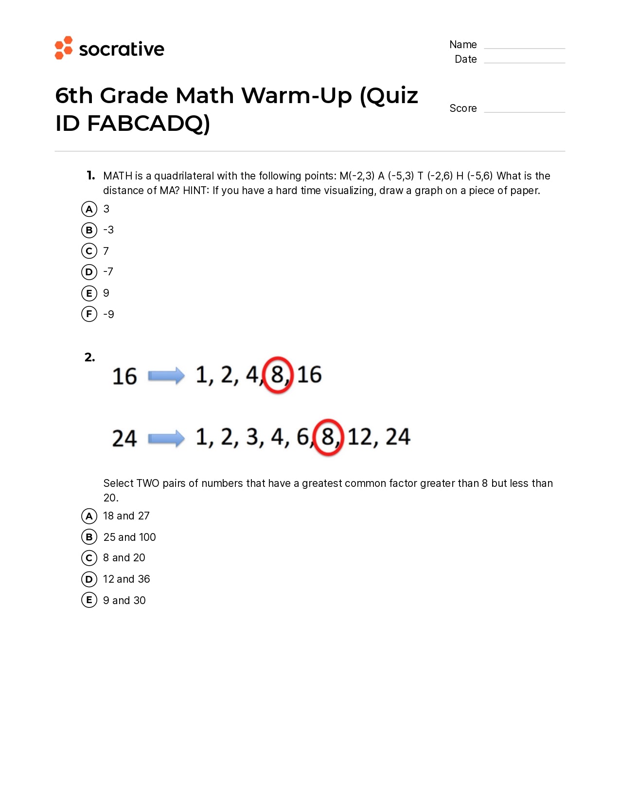 6Th Grade Math Warm-Up