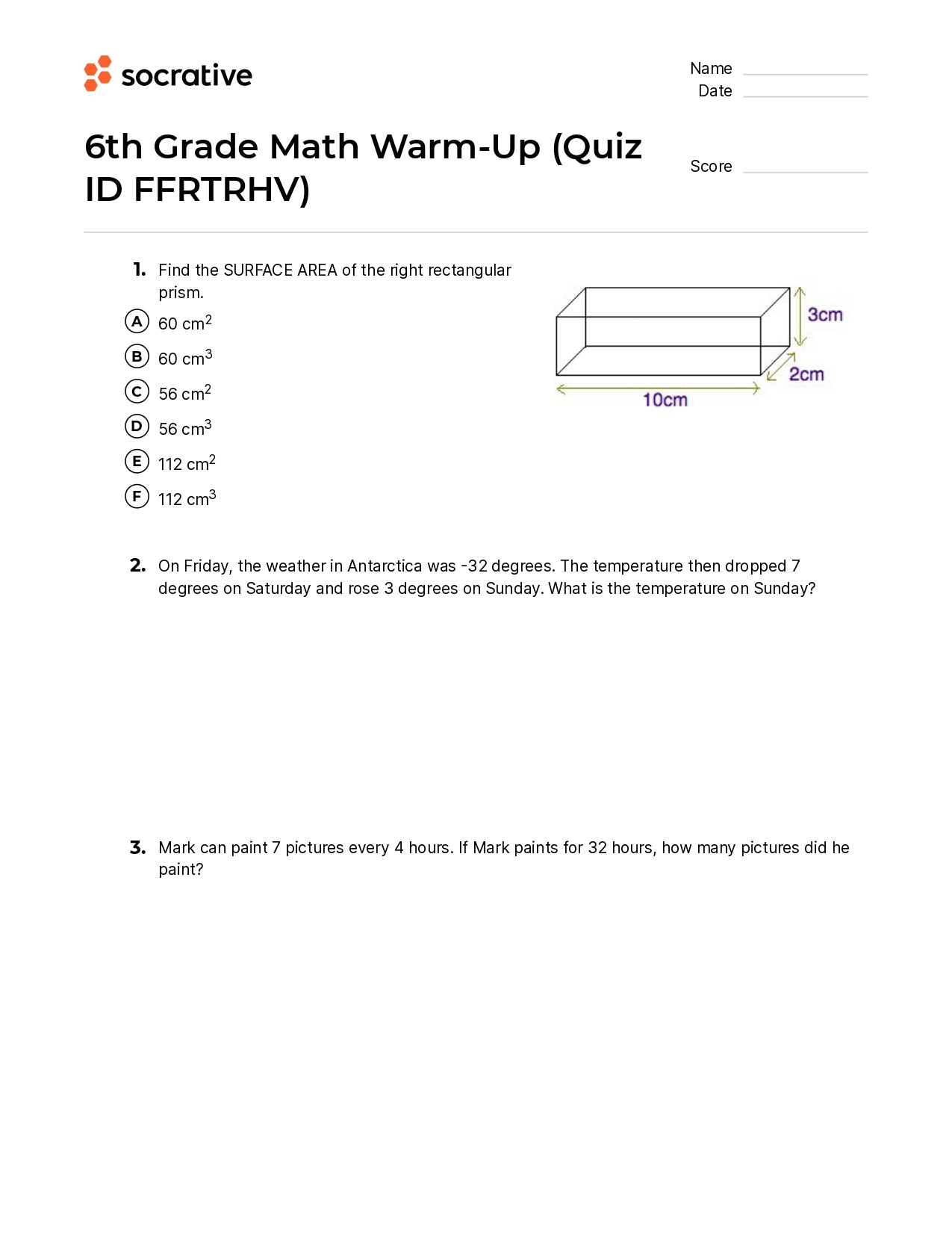 6Th Grade Math Warm-Up
