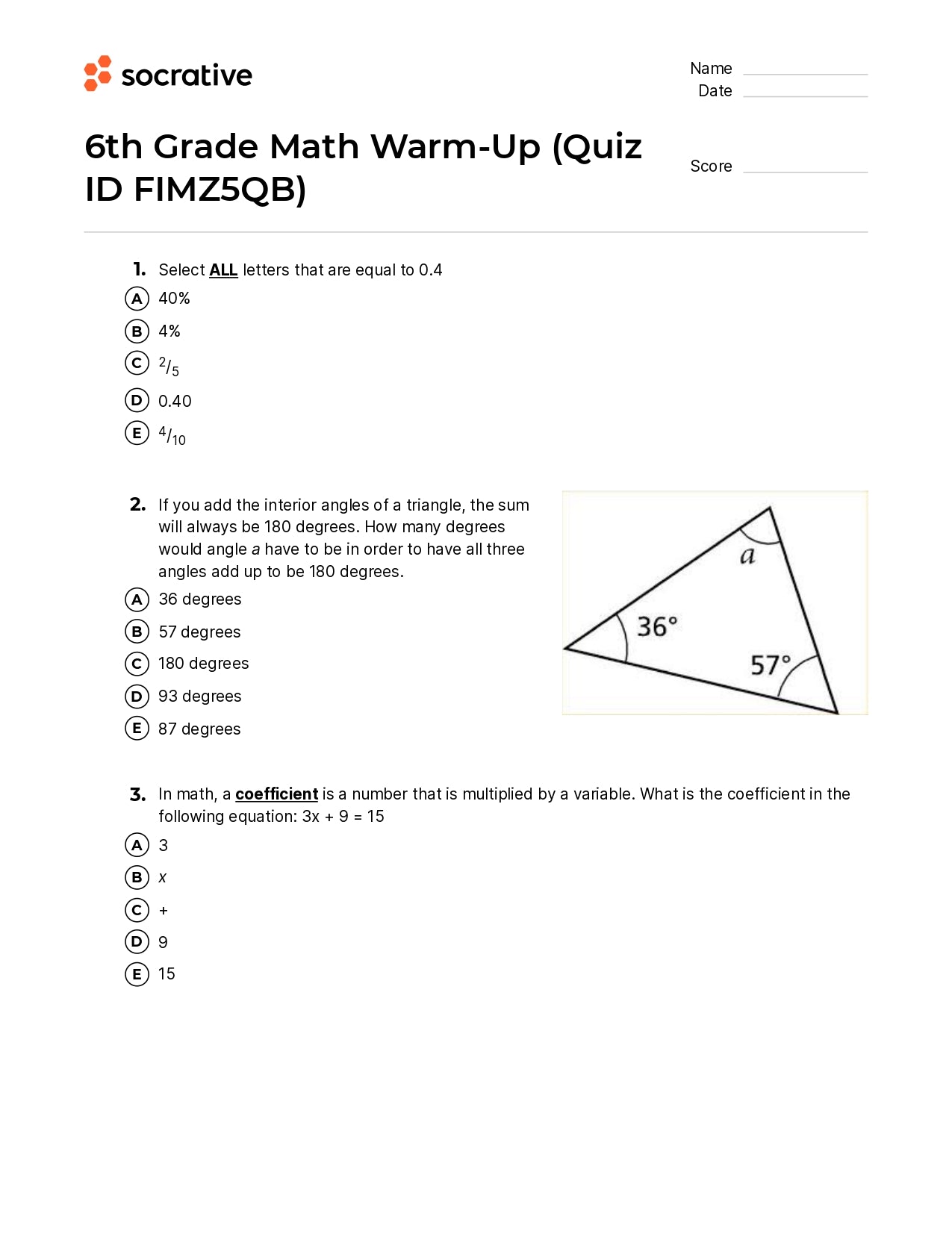 6Th Grade Math Warm-Up
