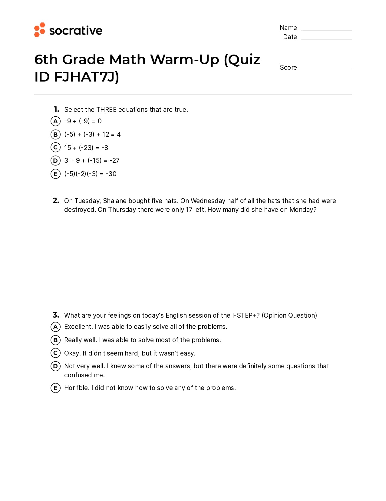 6Th Grade Math Warm-Up