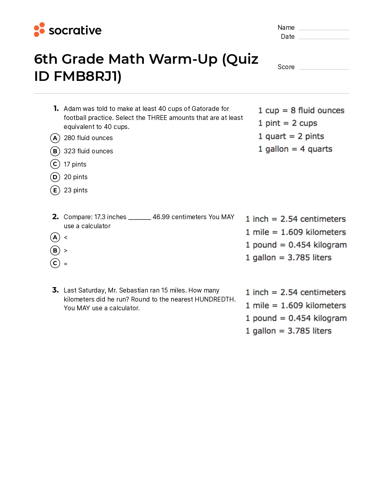 6Th Grade Math Warm-Up
