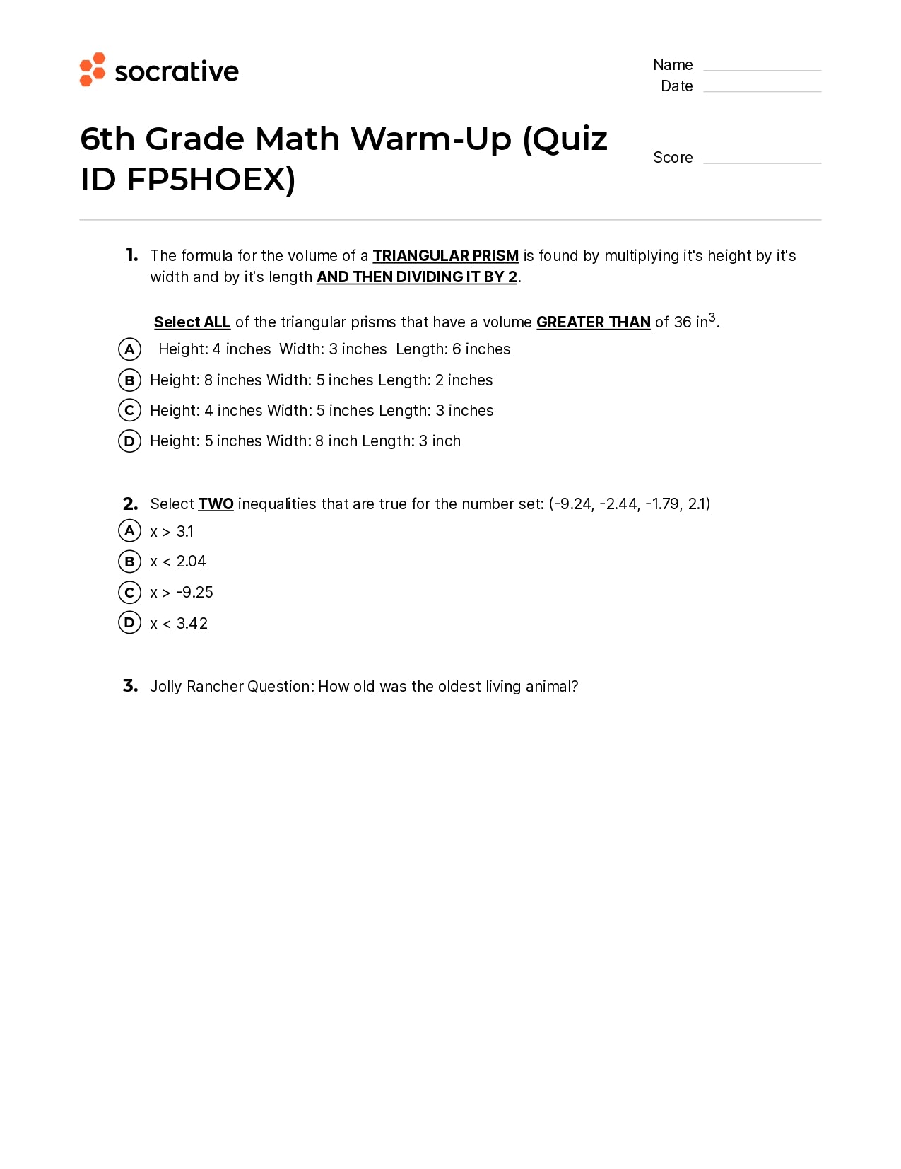 6Th Grade Math Warm-Up