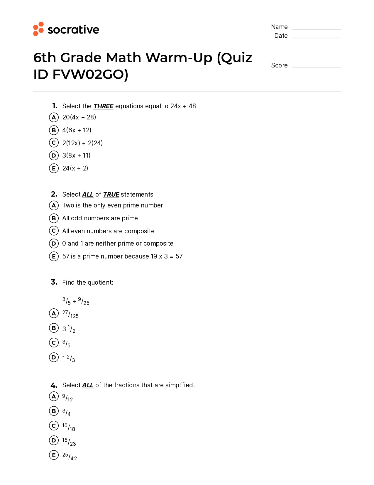 6Th Grade Math Warm-Up