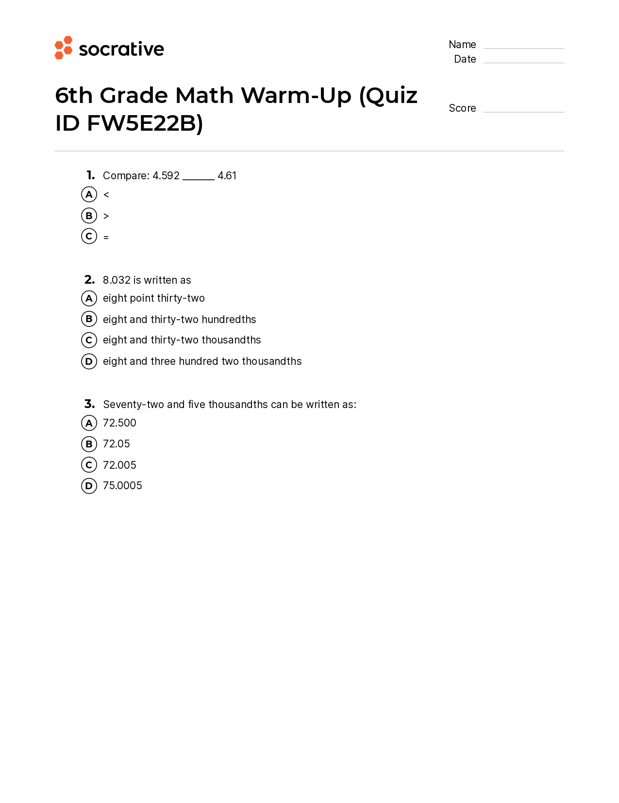 6Th Grade Math Warm-Up