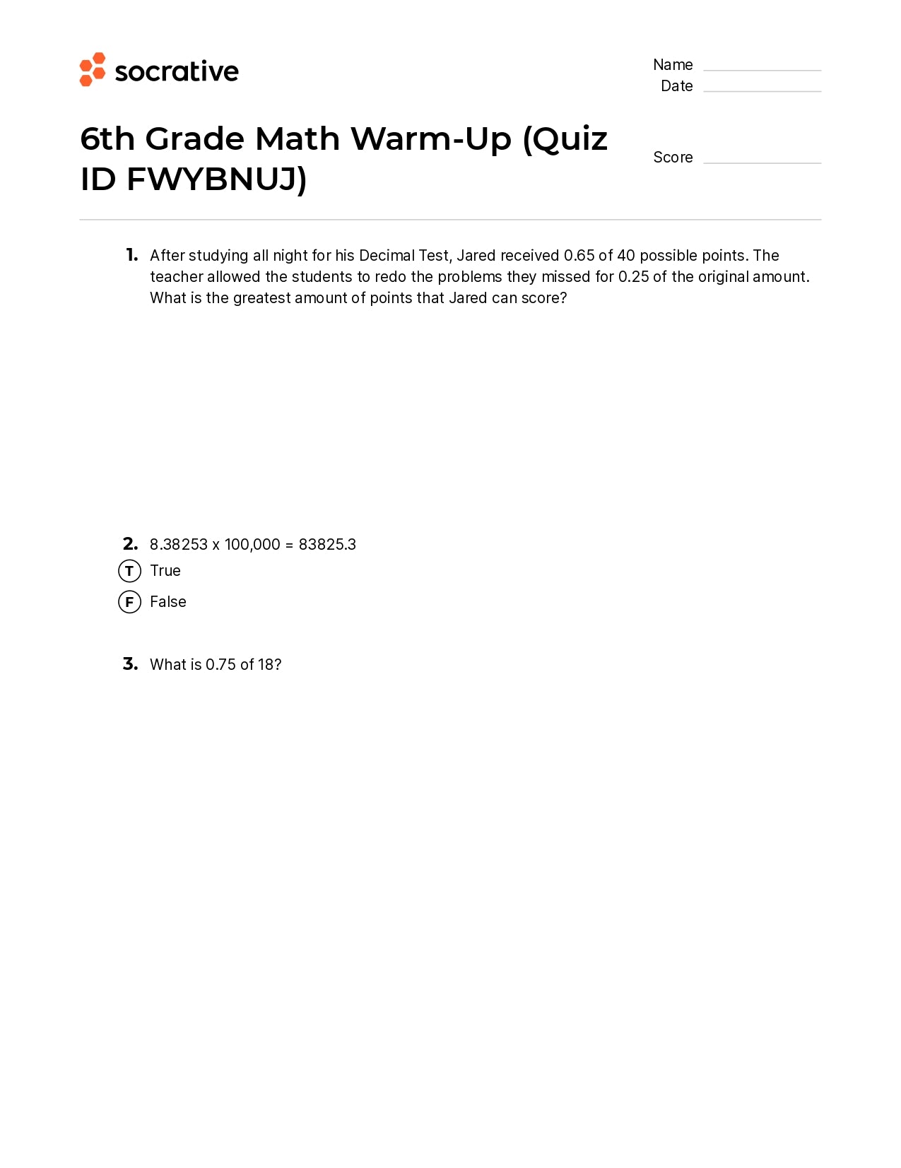 6Th Grade Math Warm-Up
