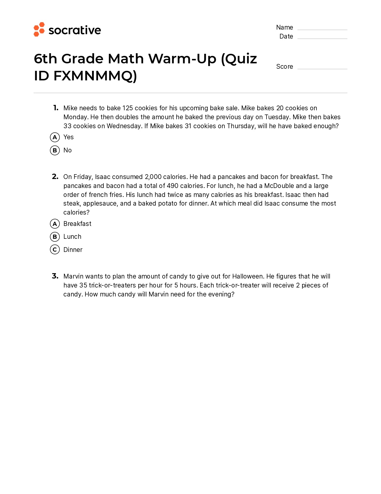6Th Grade Math Warm-Up