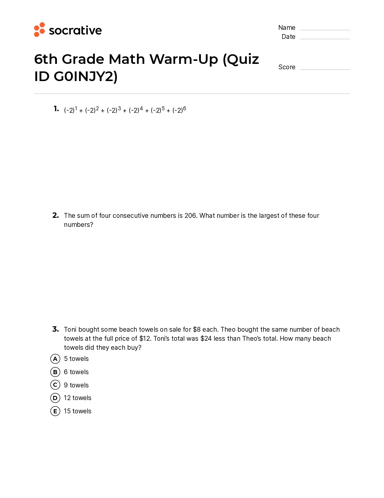 6Th Grade Math Warm-Up