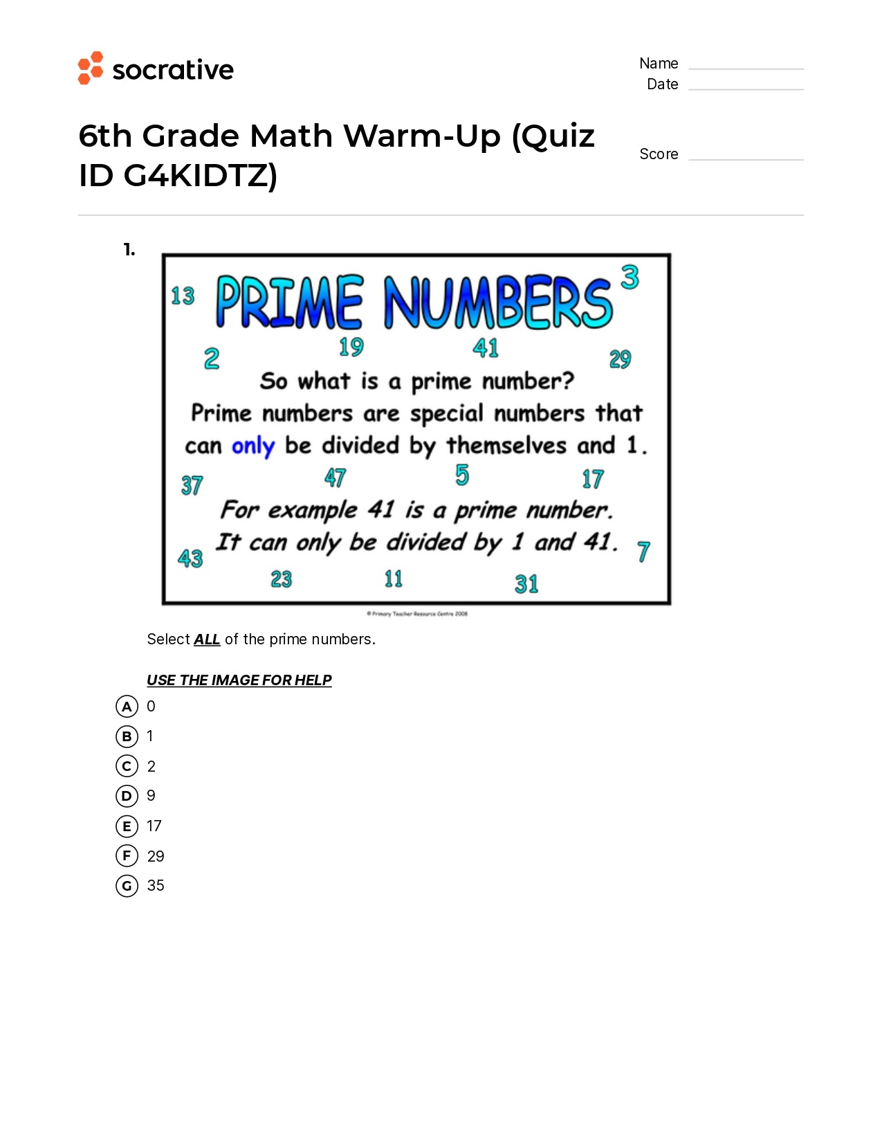 6Th Grade Math Warm-Up