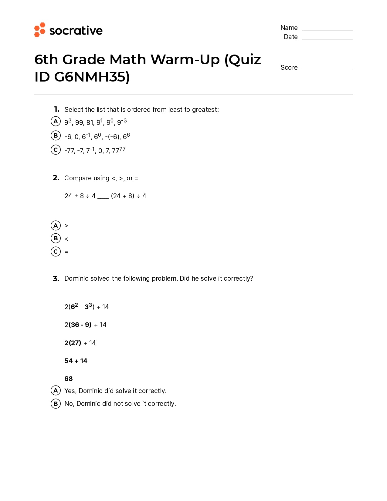 6Th Grade Math Warm-Up