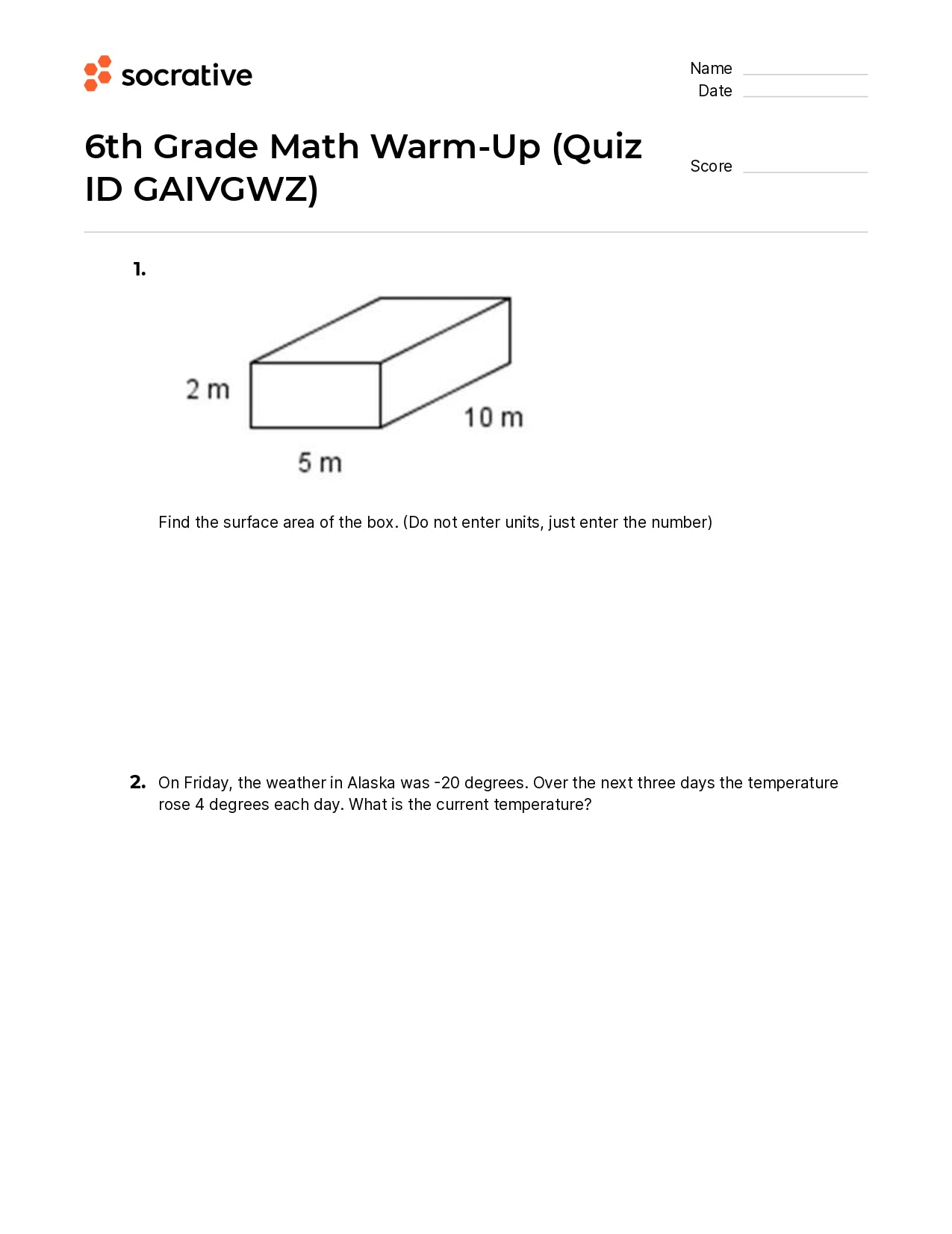 6Th Grade Math Warm-Up