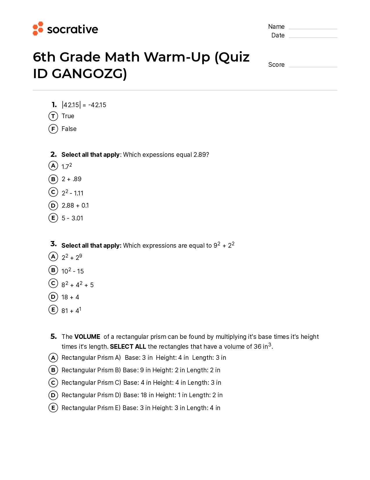 6Th Grade Math Warm-Up
