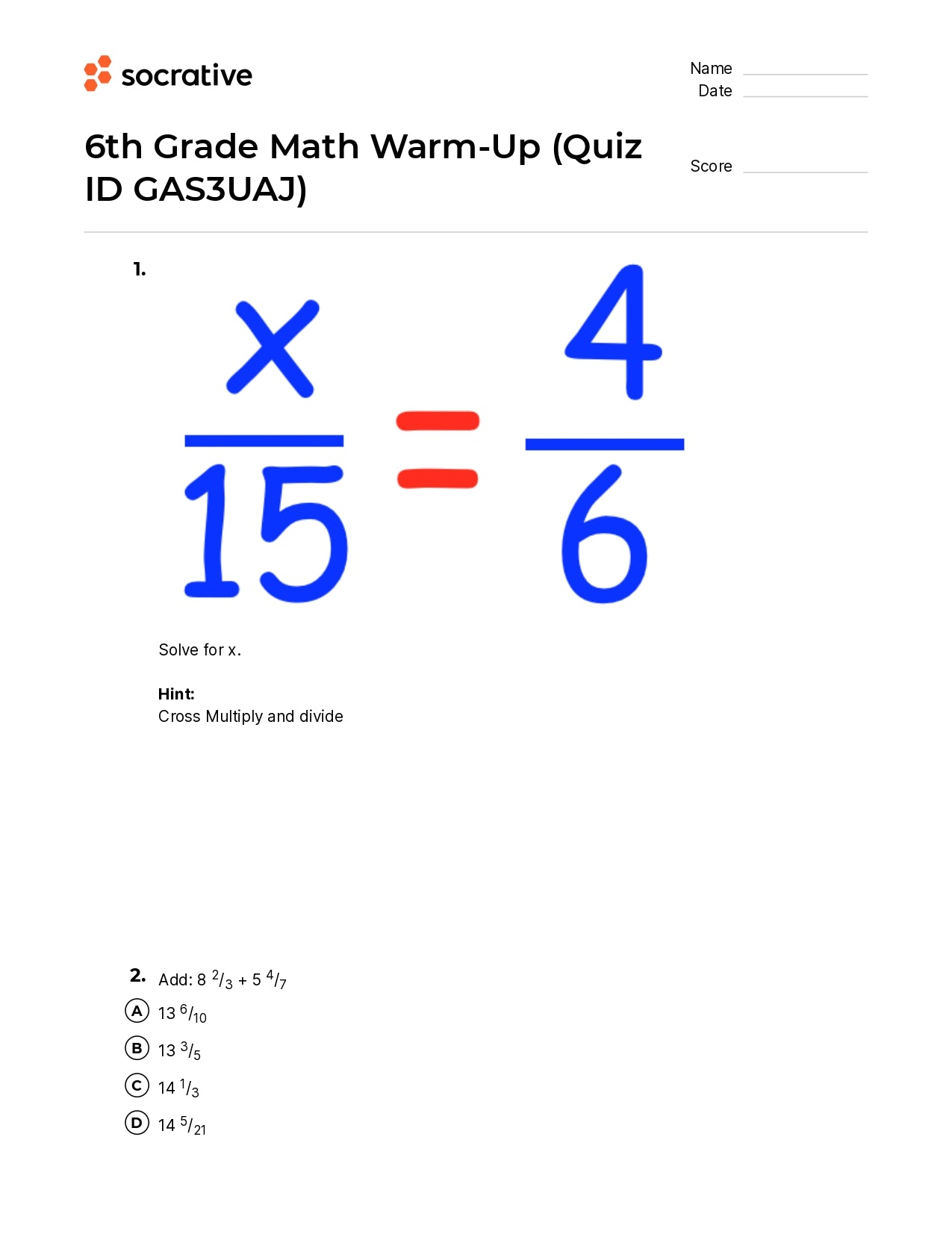 6Th Grade Math Warm-Up