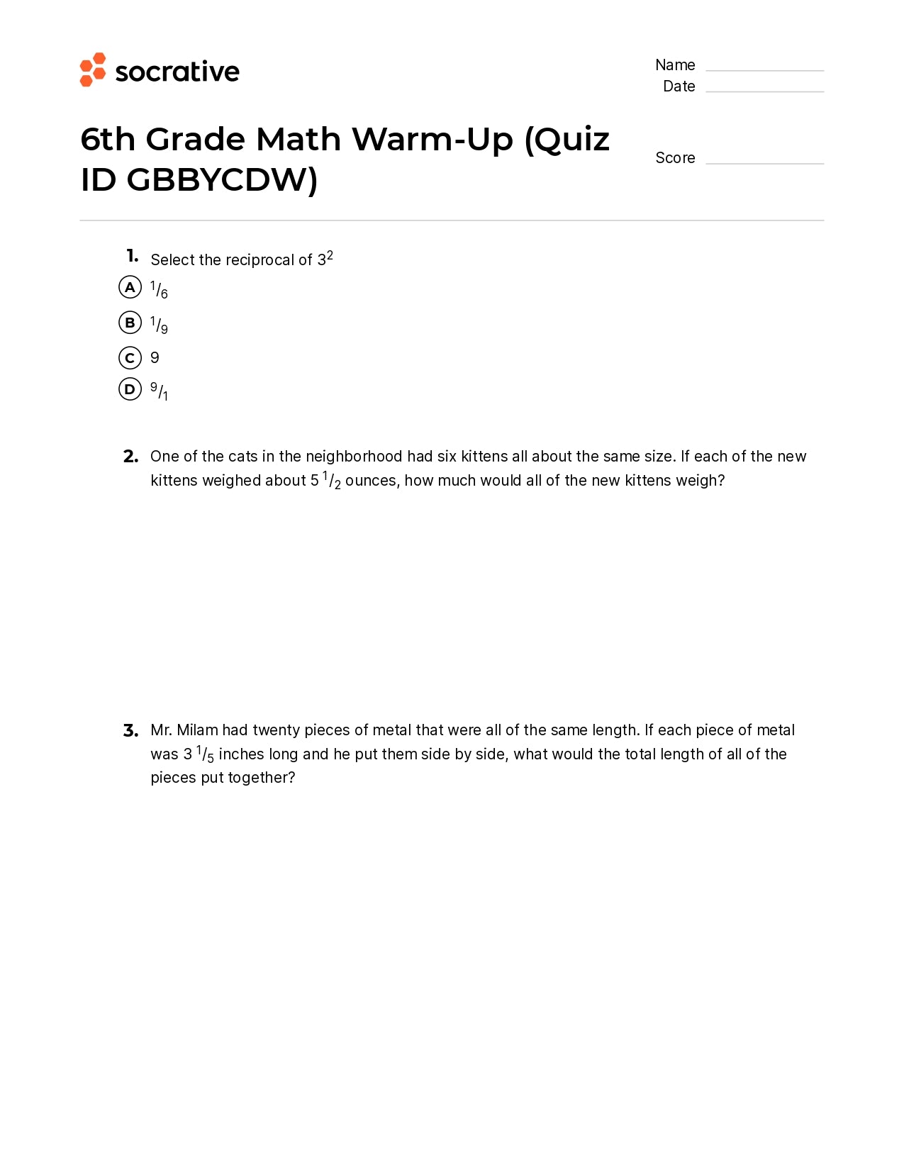 6Th Grade Math Warm-Up