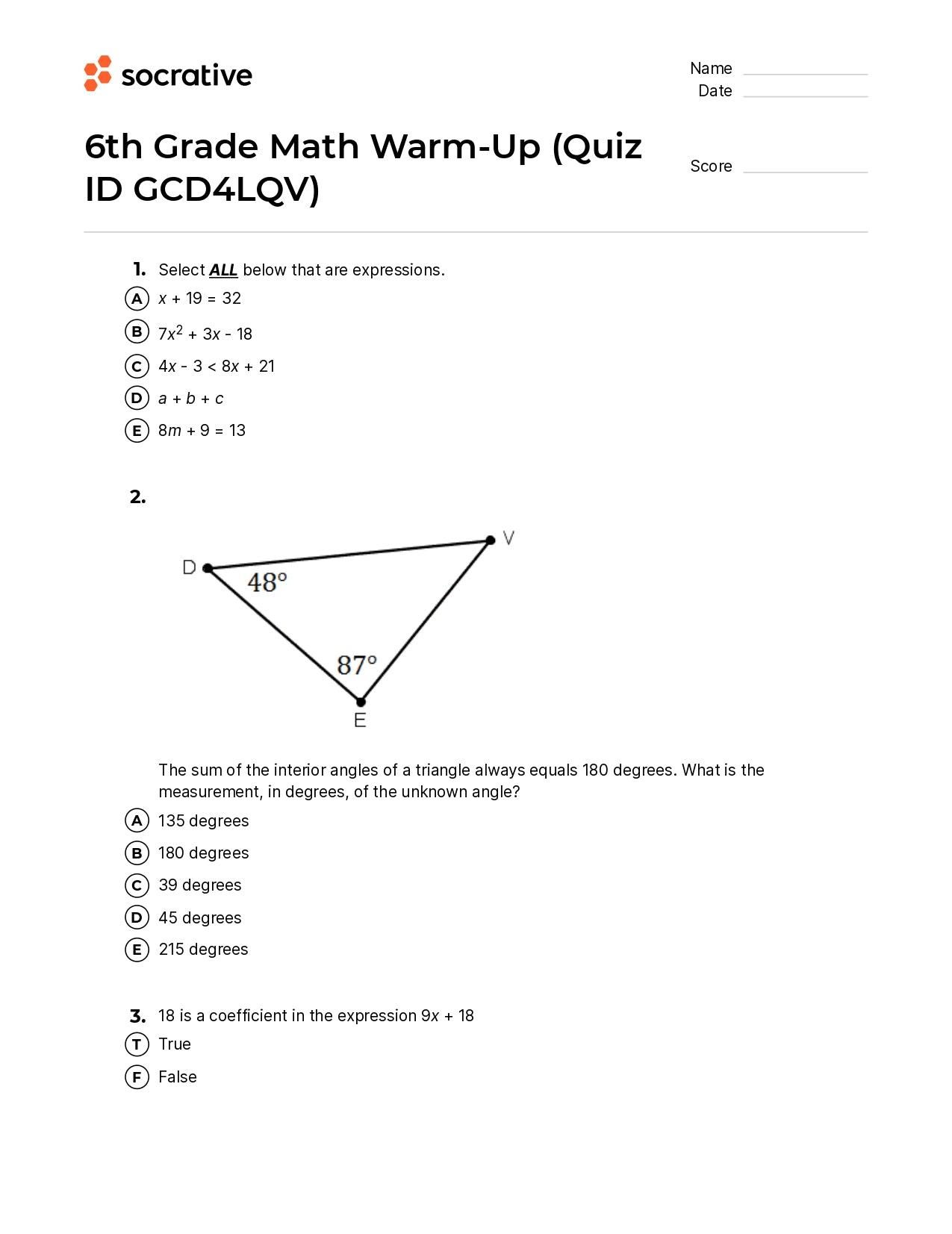 6Th Grade Math Warm-Up