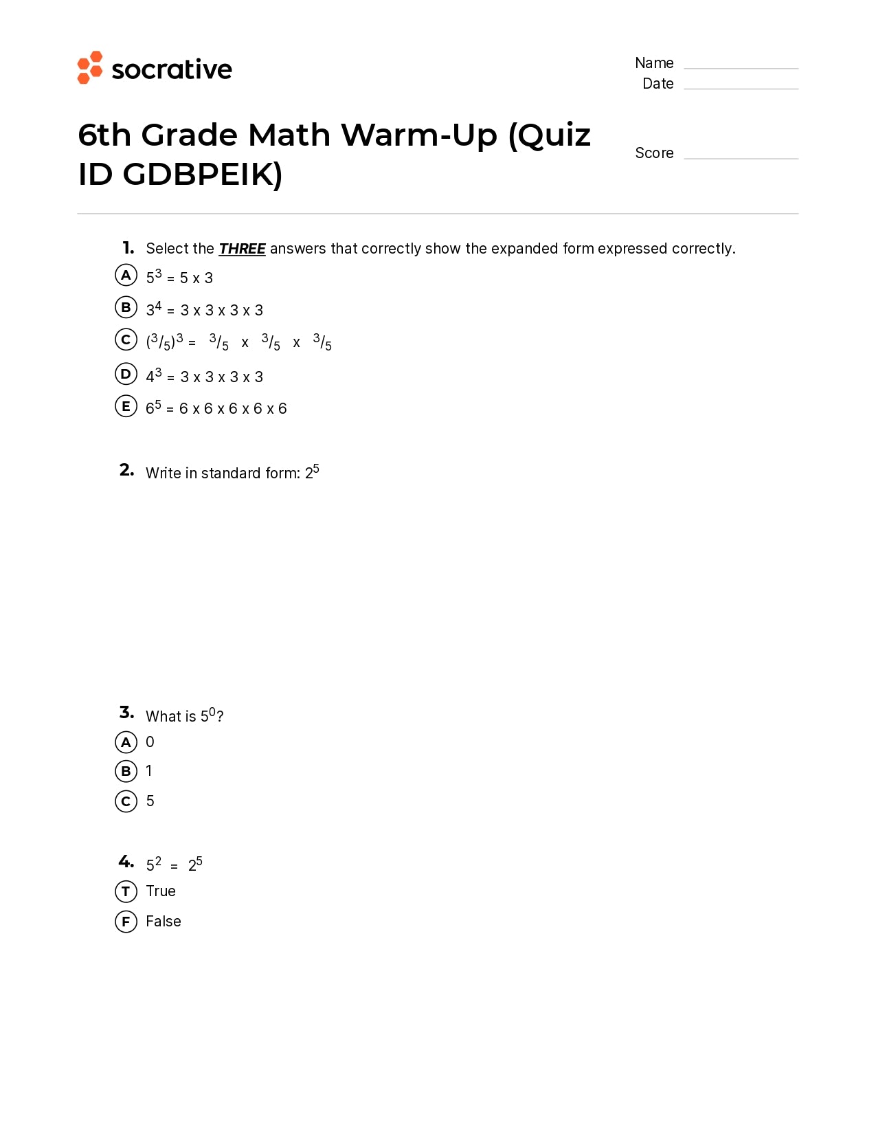 6Th Grade Math Warm-Up