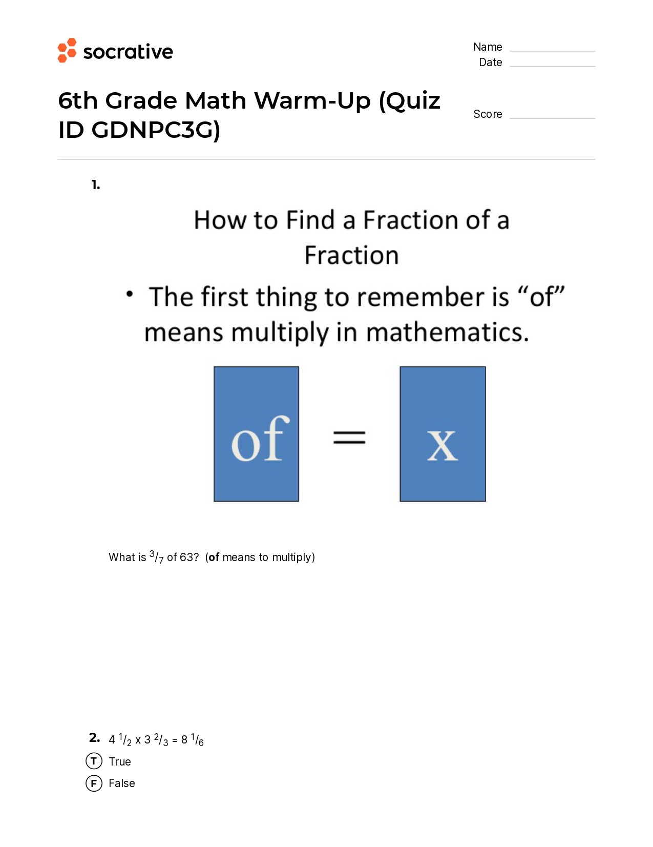 6Th Grade Math Warm-Up