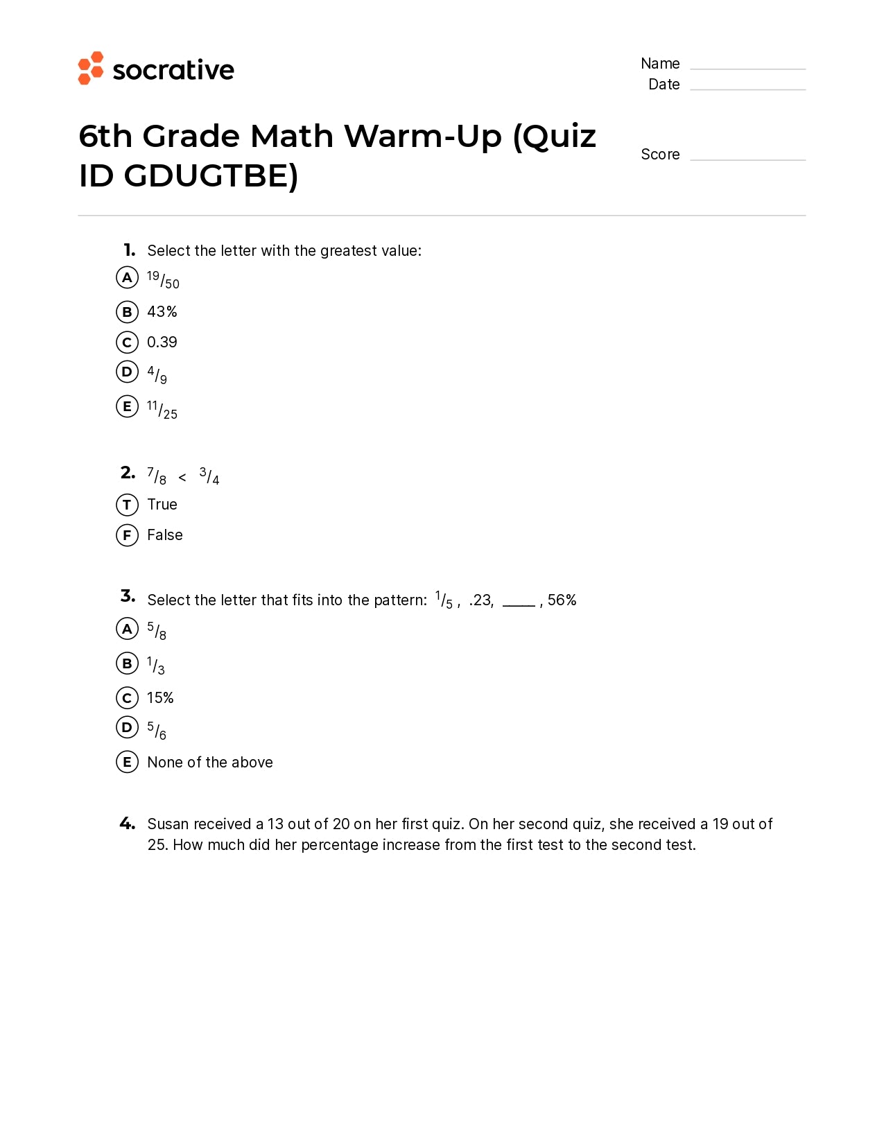 6Th Grade Math Warm-Up