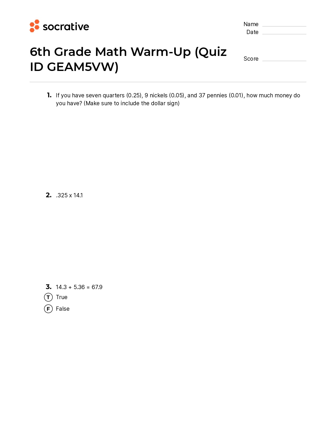 6Th Grade Math Warm-Up