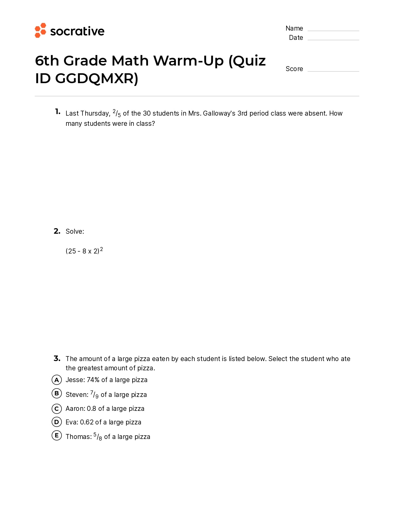 6Th Grade Math Warm-Up