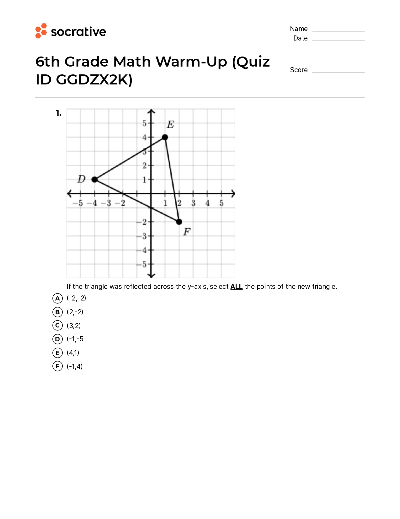 6Th Grade Math Warm-Up