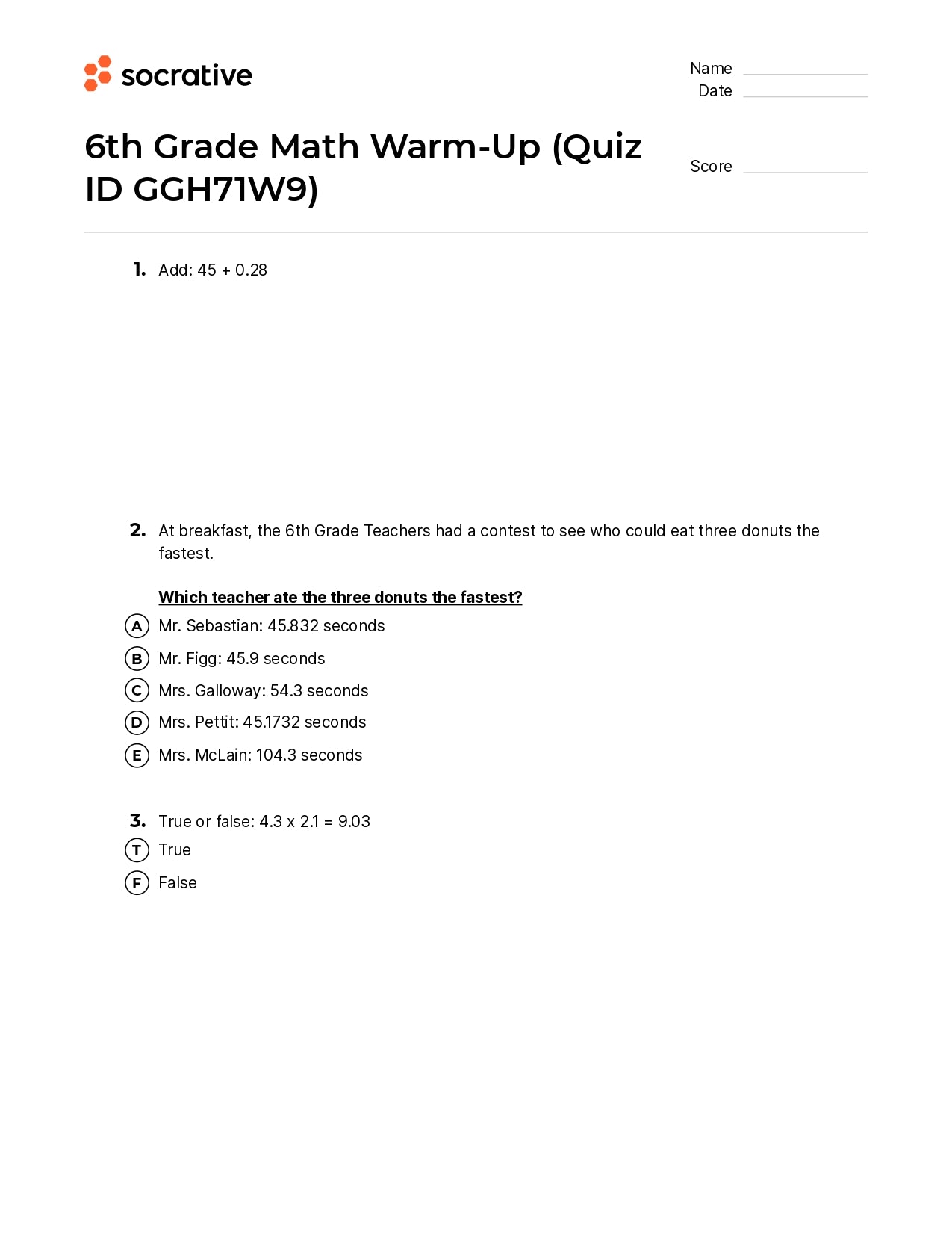 6Th Grade Math Warm-Up