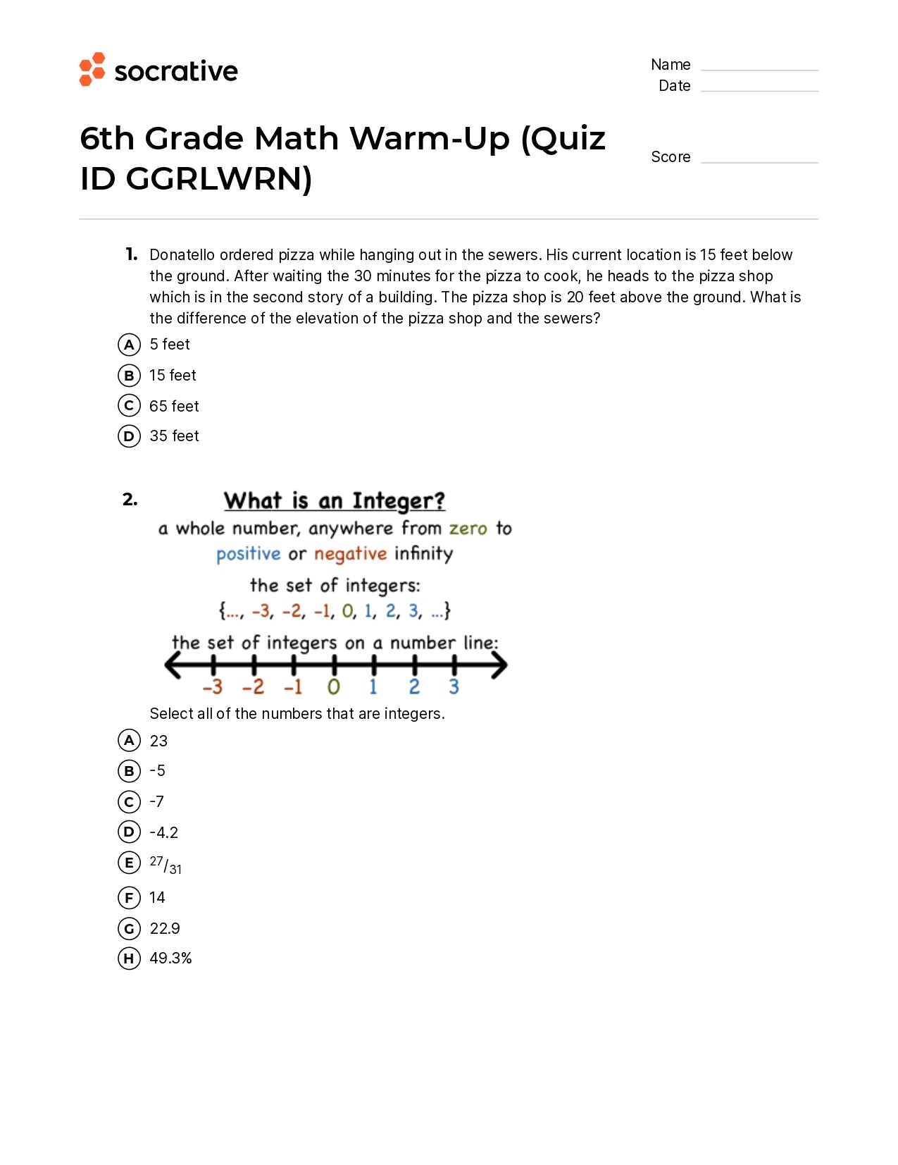 6Th Grade Math Warm-Up