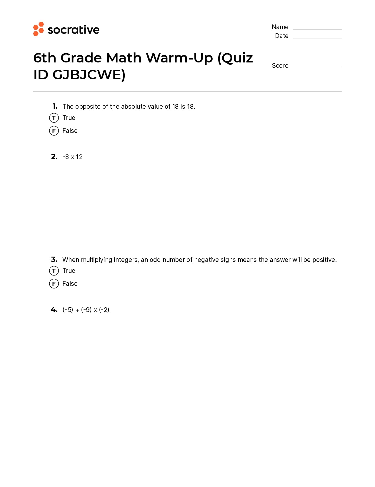 6Th Grade Math Warm-Up
