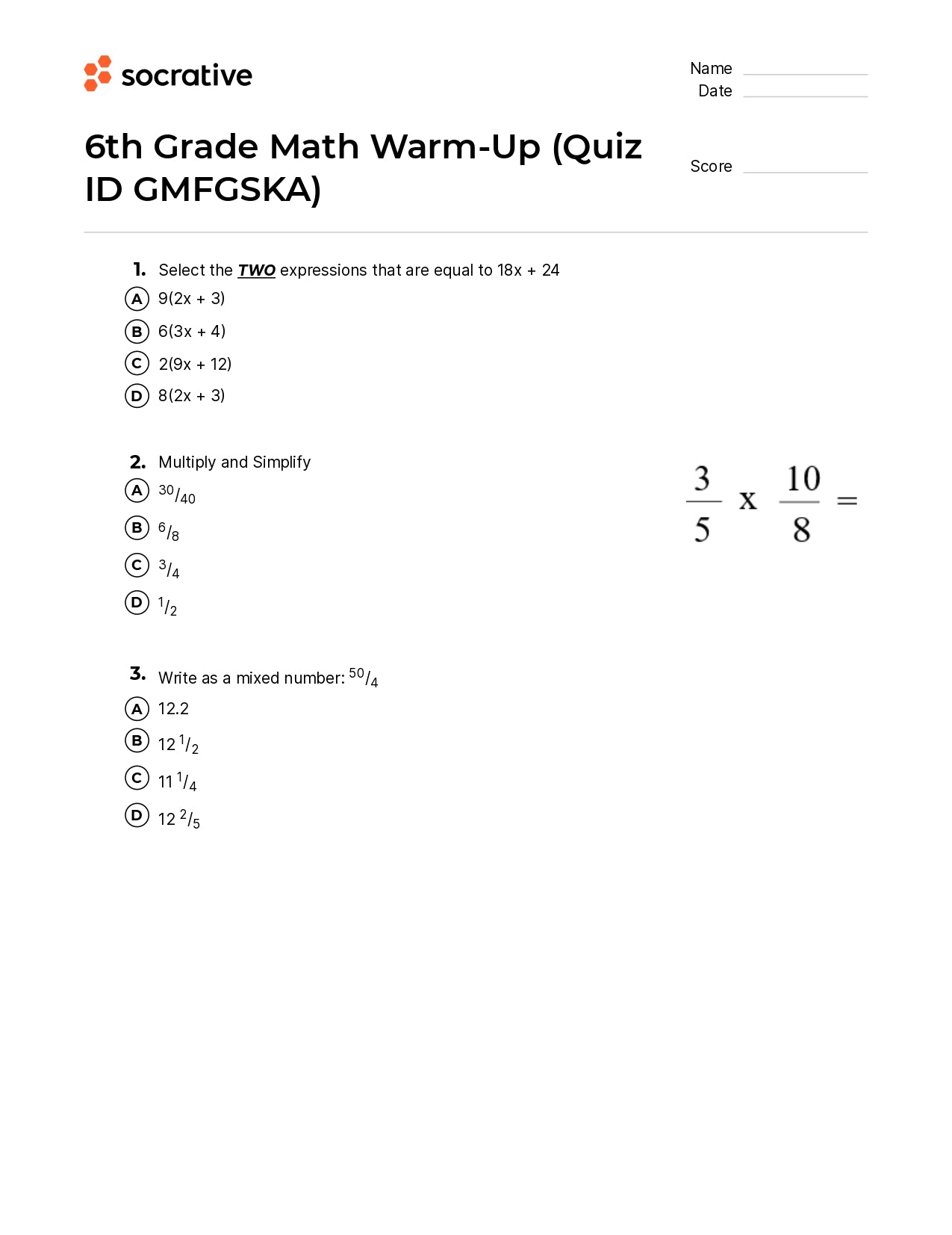 6Th Grade Math Warm-Up