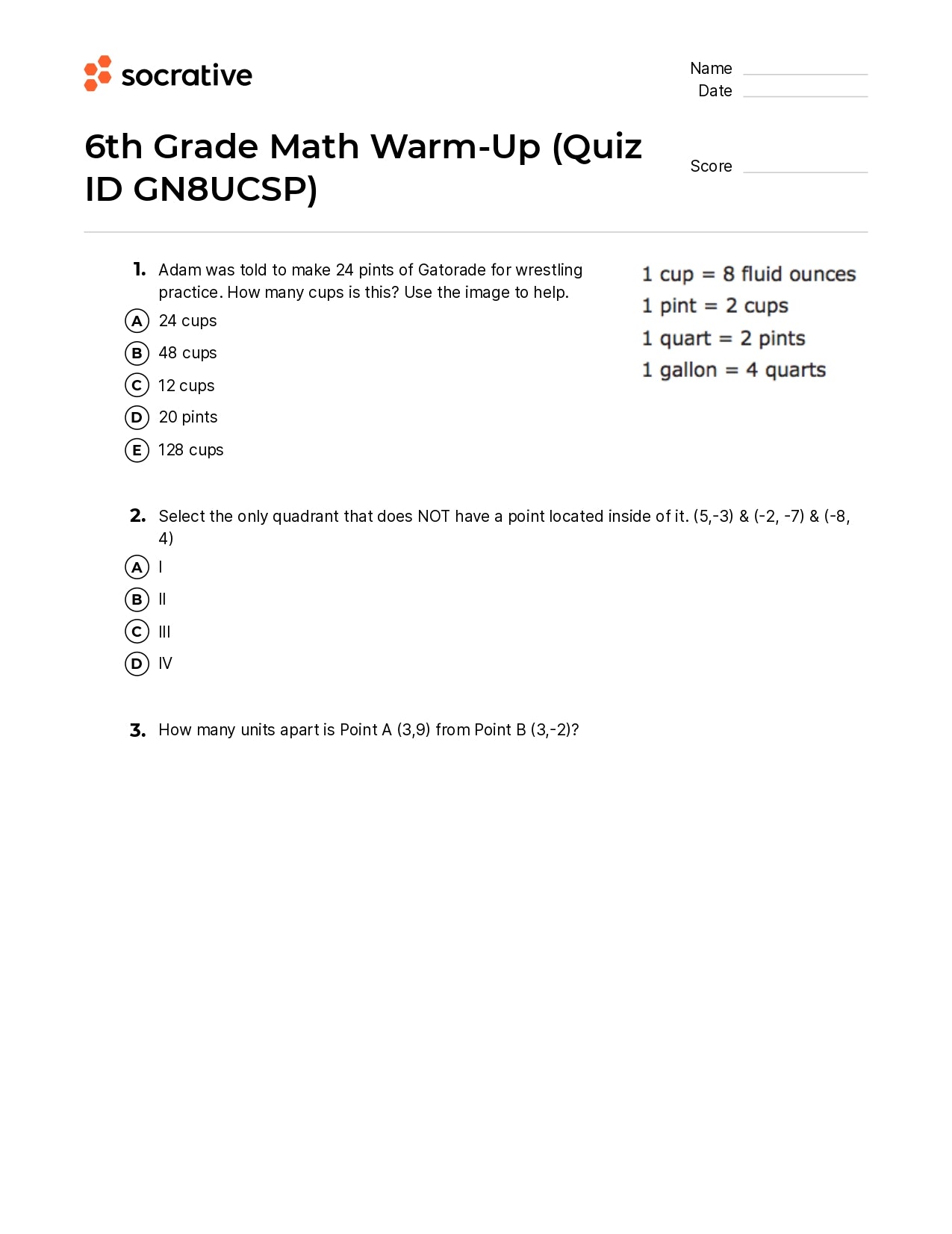 6Th Grade Math Warm-Up