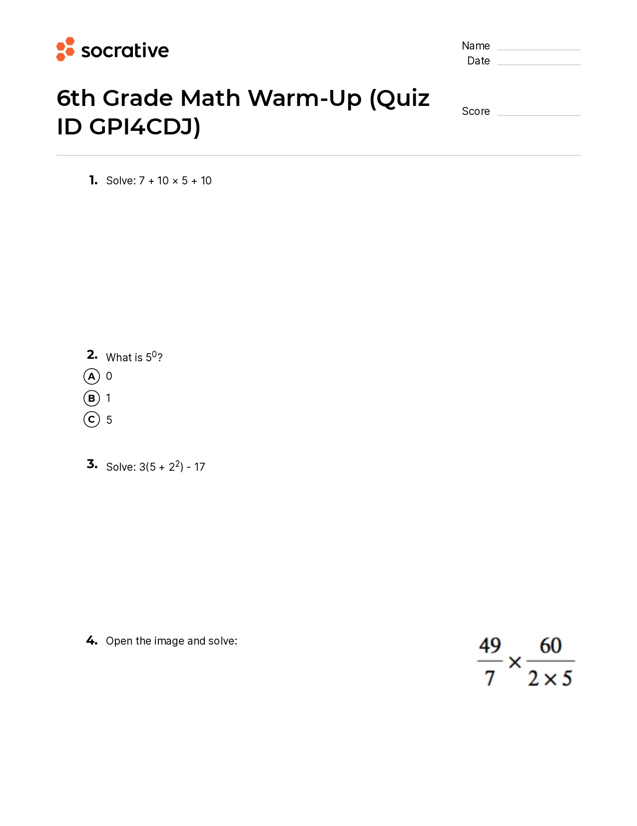 6Th Grade Math Warm-Up