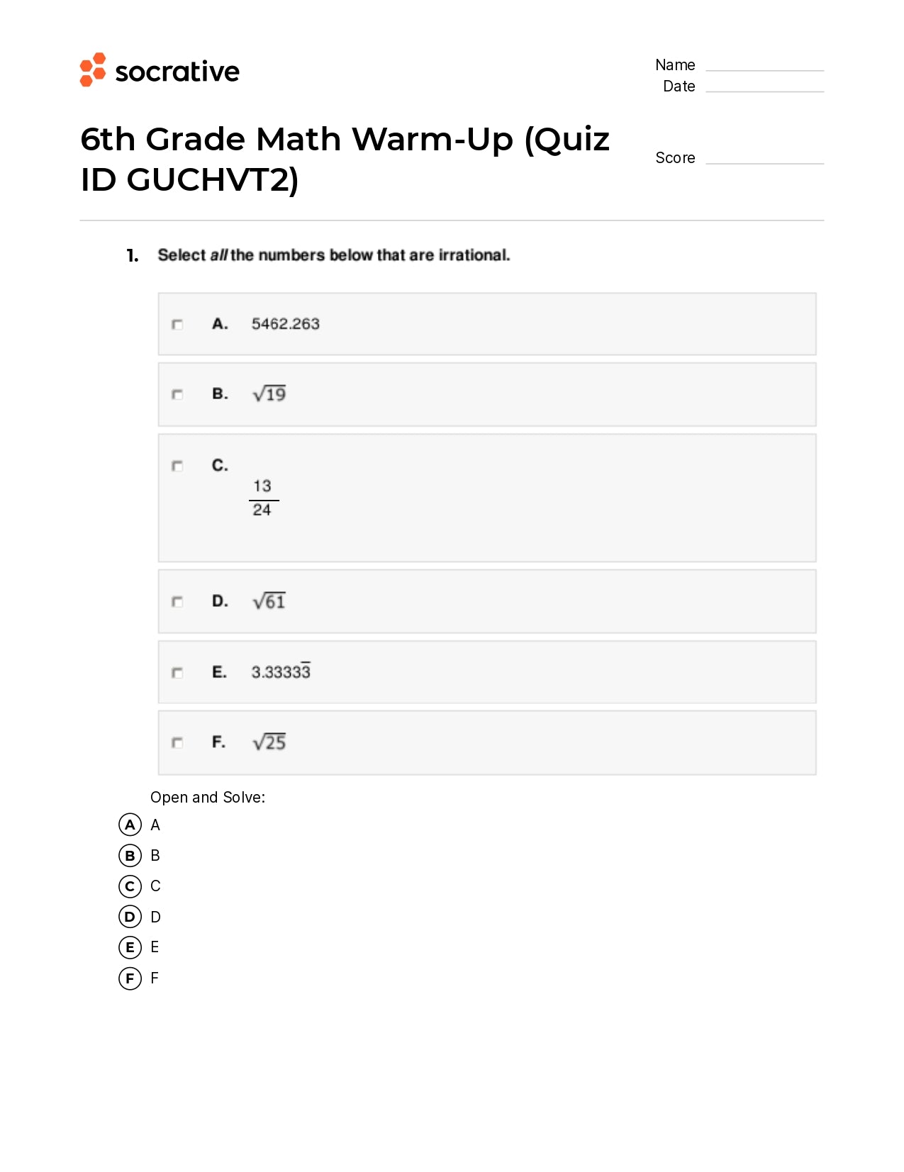 6Th Grade Math Warm-Up