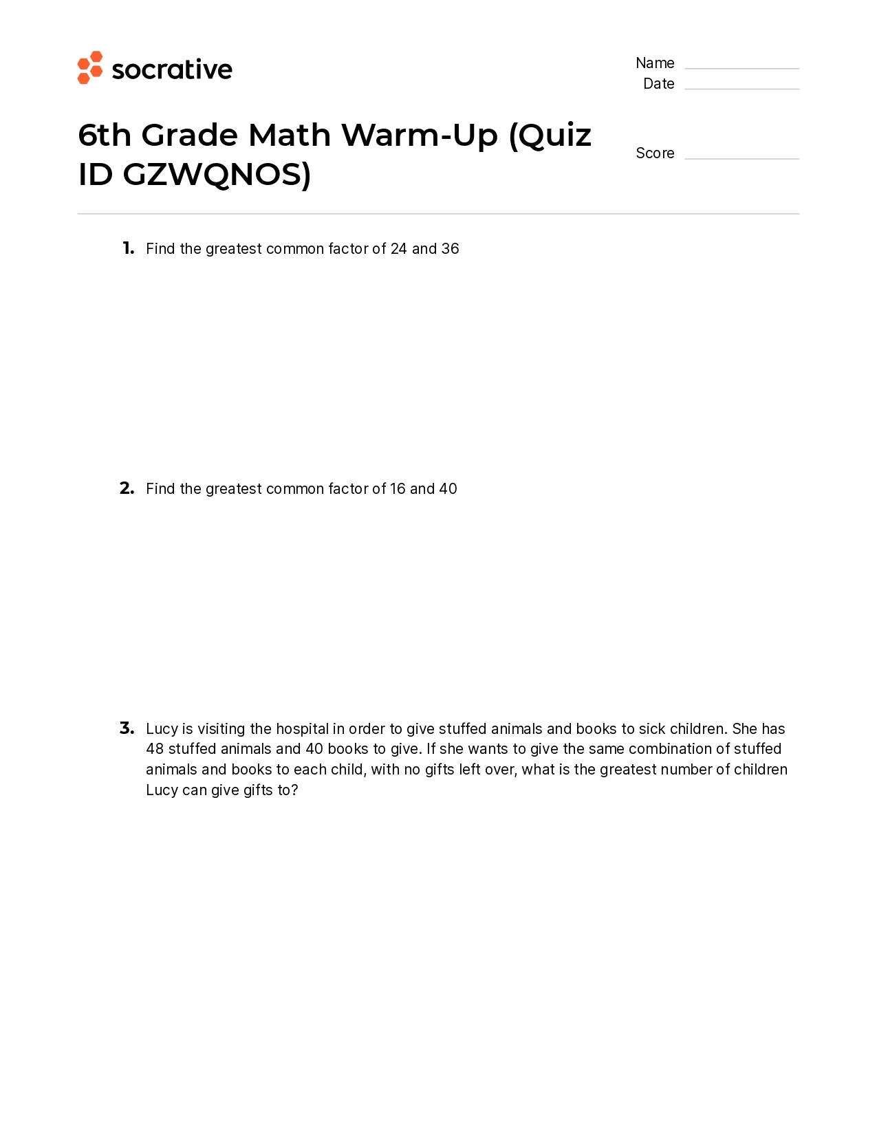 6Th Grade Math Warm-Up