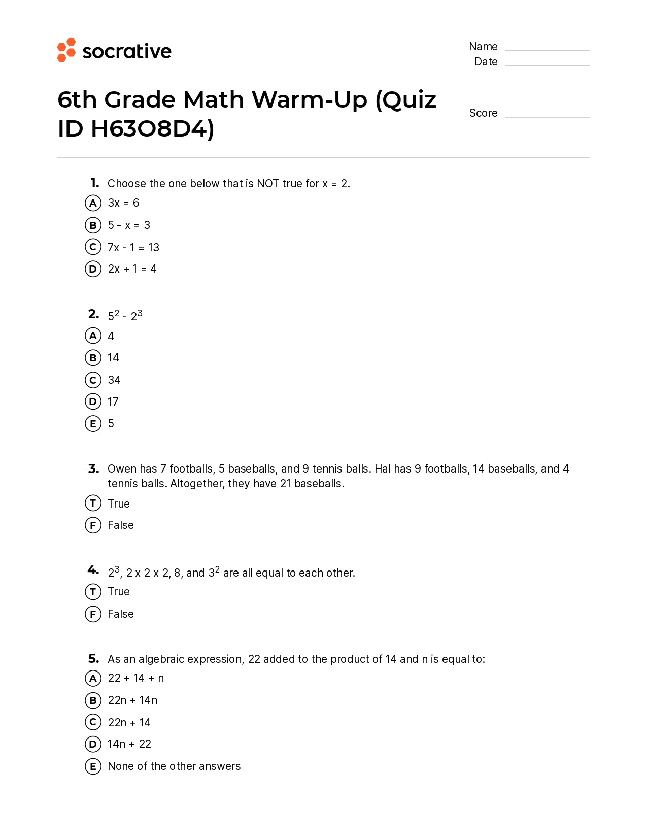 6Th Grade Math Warm-Up