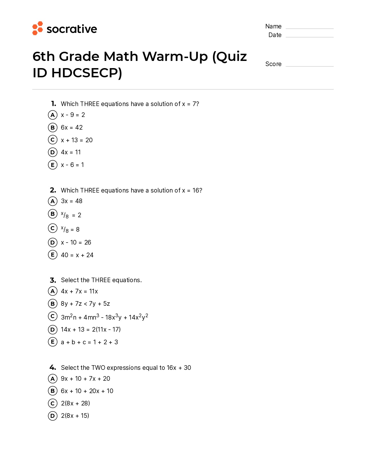 6Th Grade Math Warm-Up