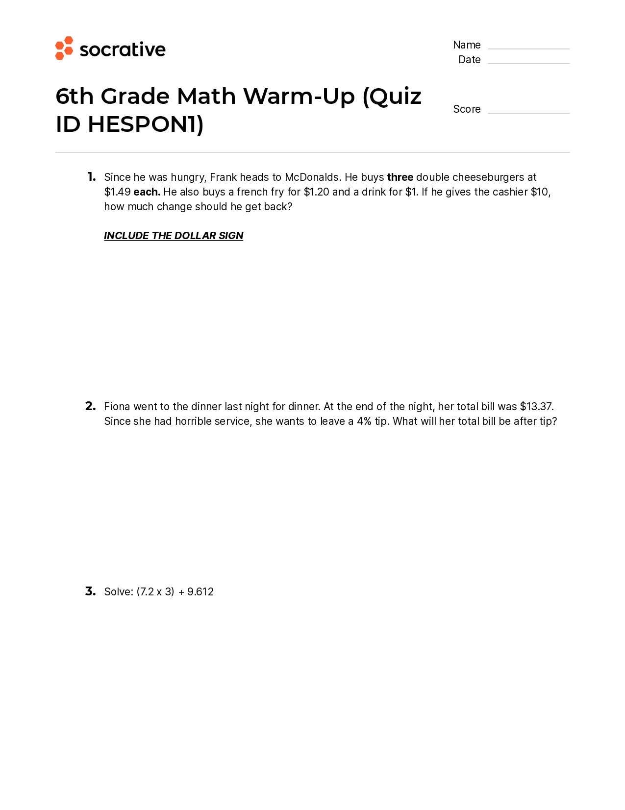 6Th Grade Math Warm-Up
