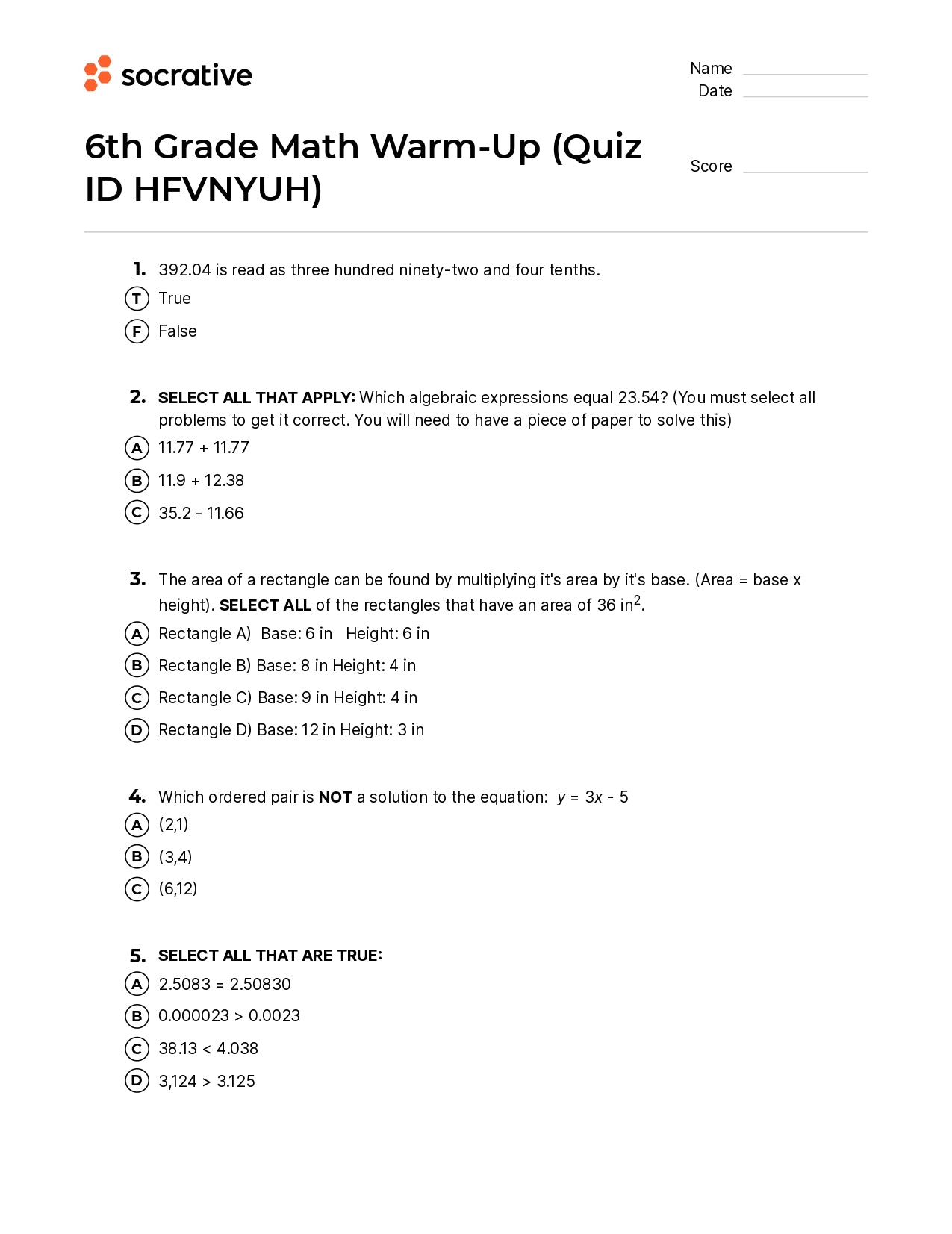 6Th Grade Math Warm-Up