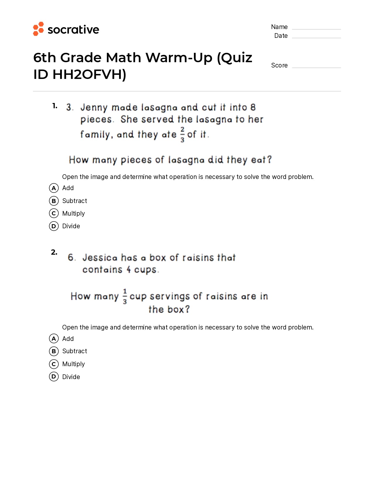6Th Grade Math Warm-Up