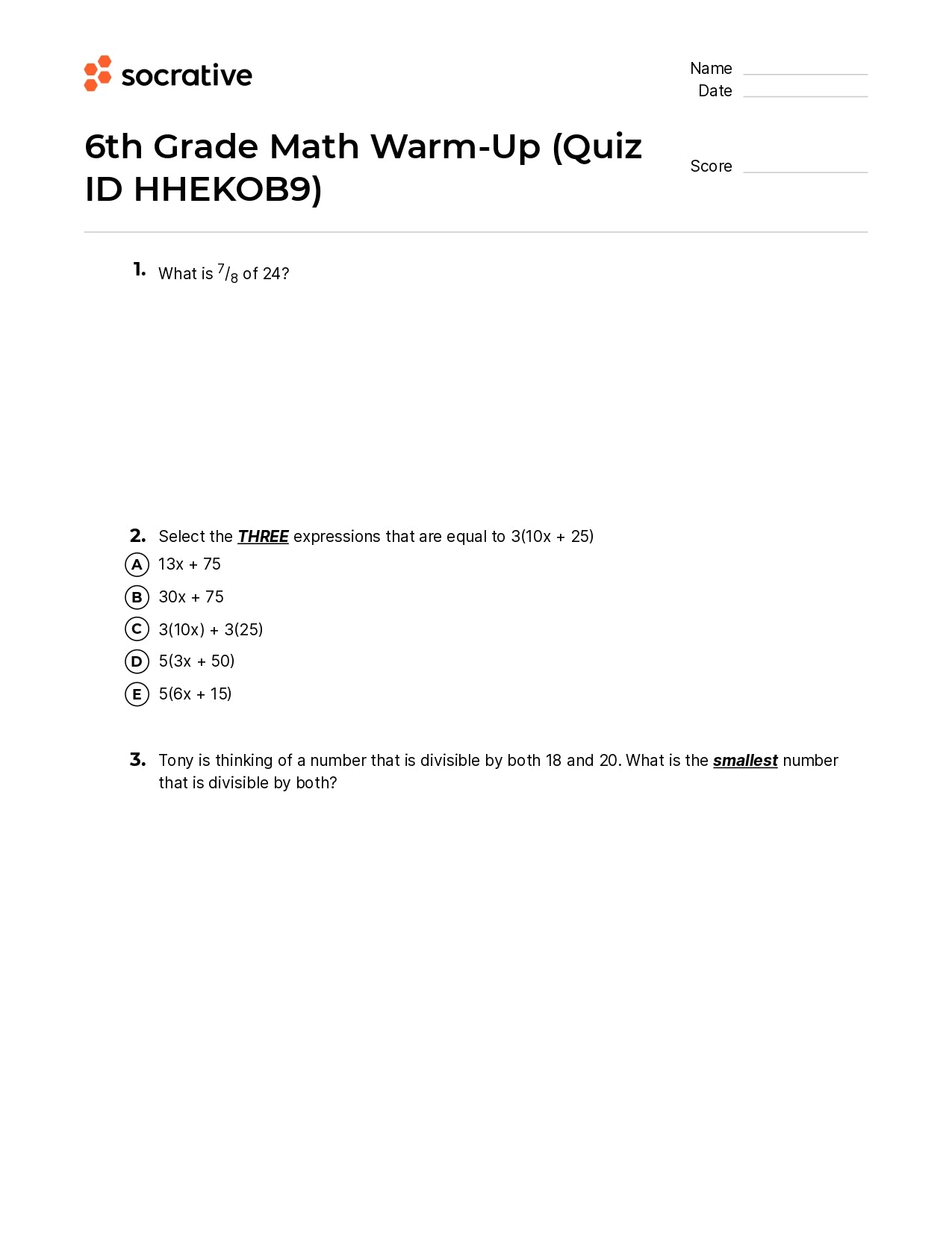 6Th Grade Math Warm-Up